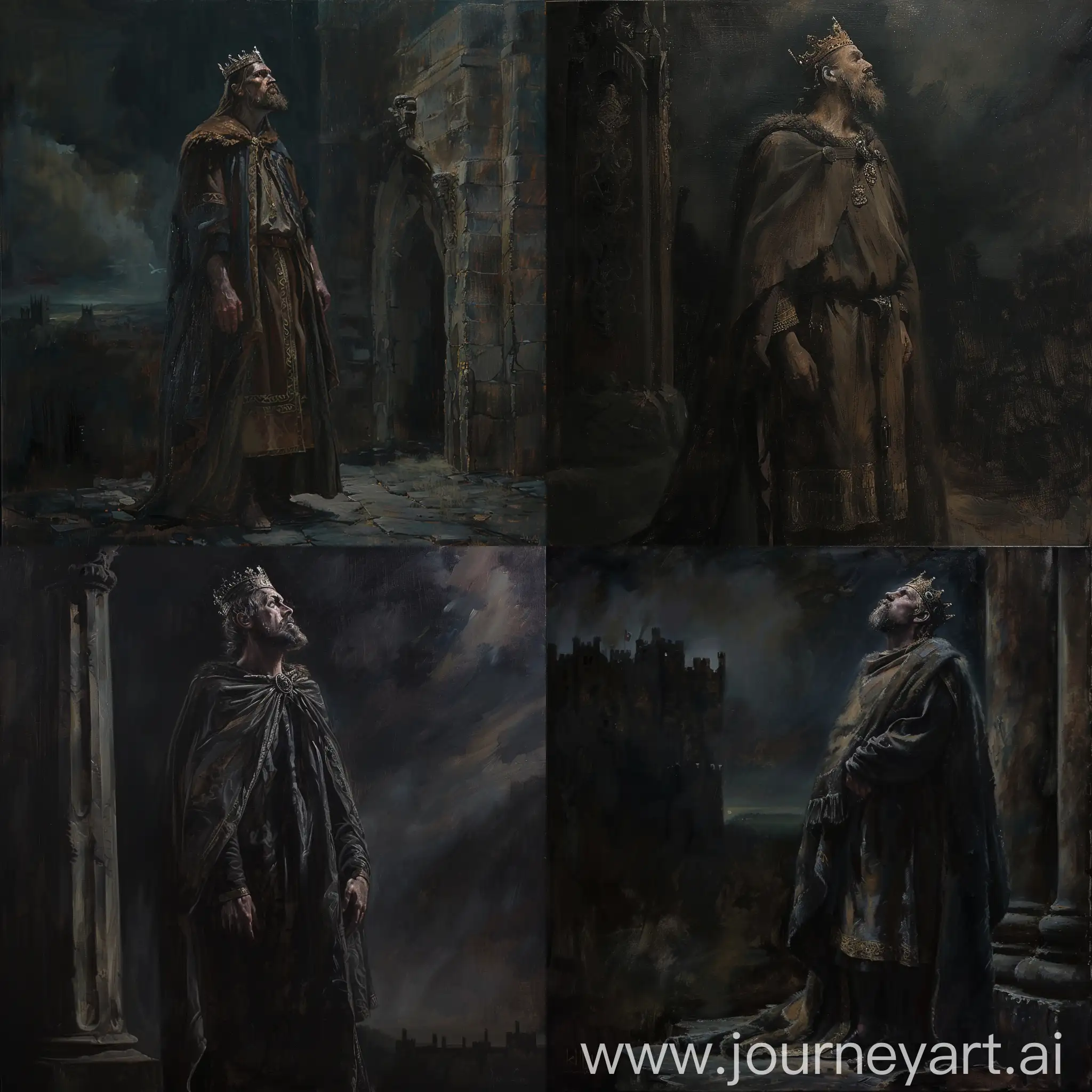 An oil painting of King Alfred the Great, he is standing tall at his palace, wearing robe and king crown and cape, he is in his 30's, dark atmosphere, dark oil painting, dark colors