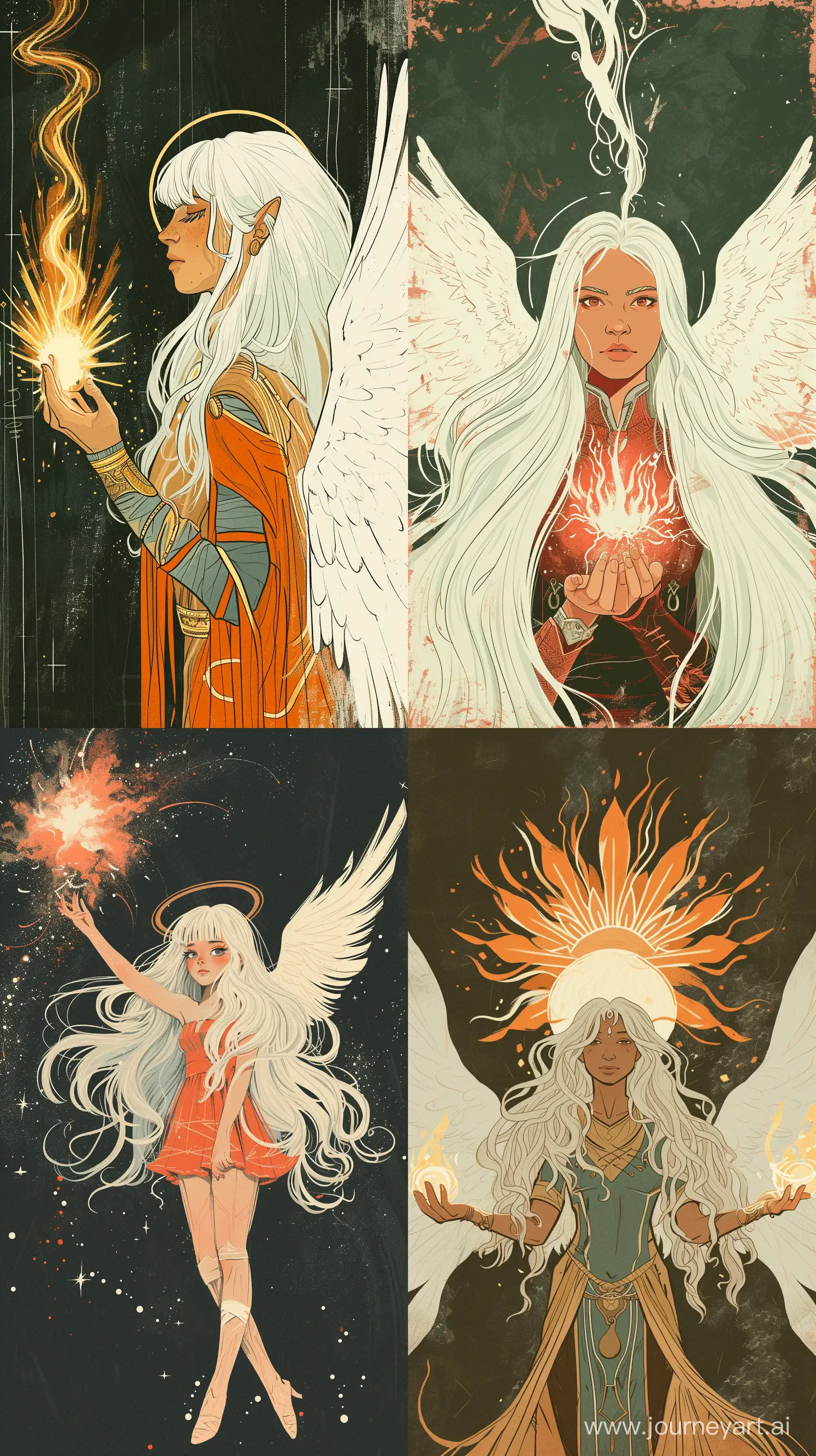 1970's dark fantasy book cover paper art dungeons and dragons style drawing of 22 years old girl with long white hair, halo and white angel wings sorcerer casting spells with minimalist far perspective --ar 9:16