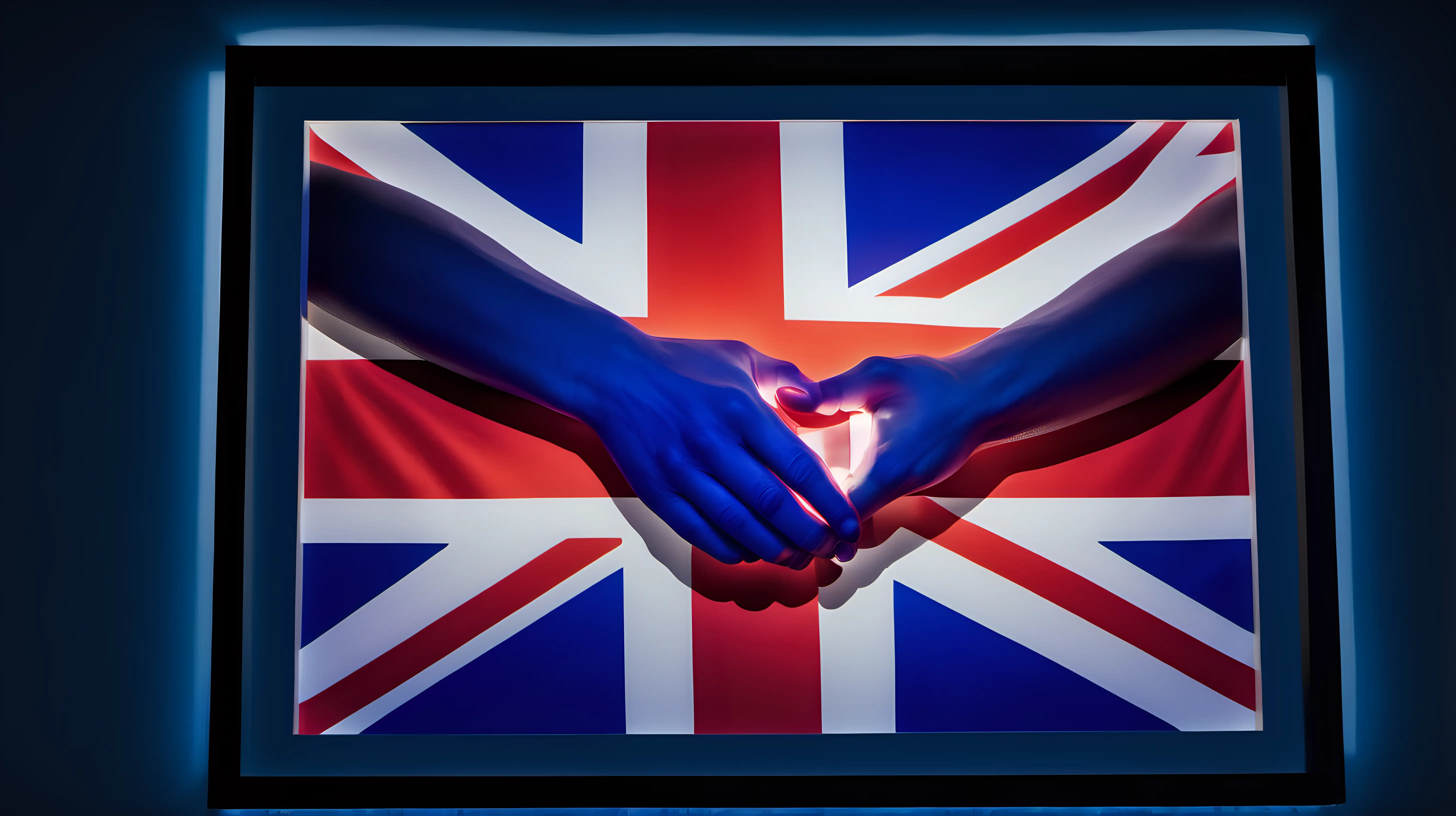 "Glowing with allegiance: Frame a close-up of a person's hands clasping a luminous United Kingdom flag, the vibrant colors symbolizing their deep love for their country."