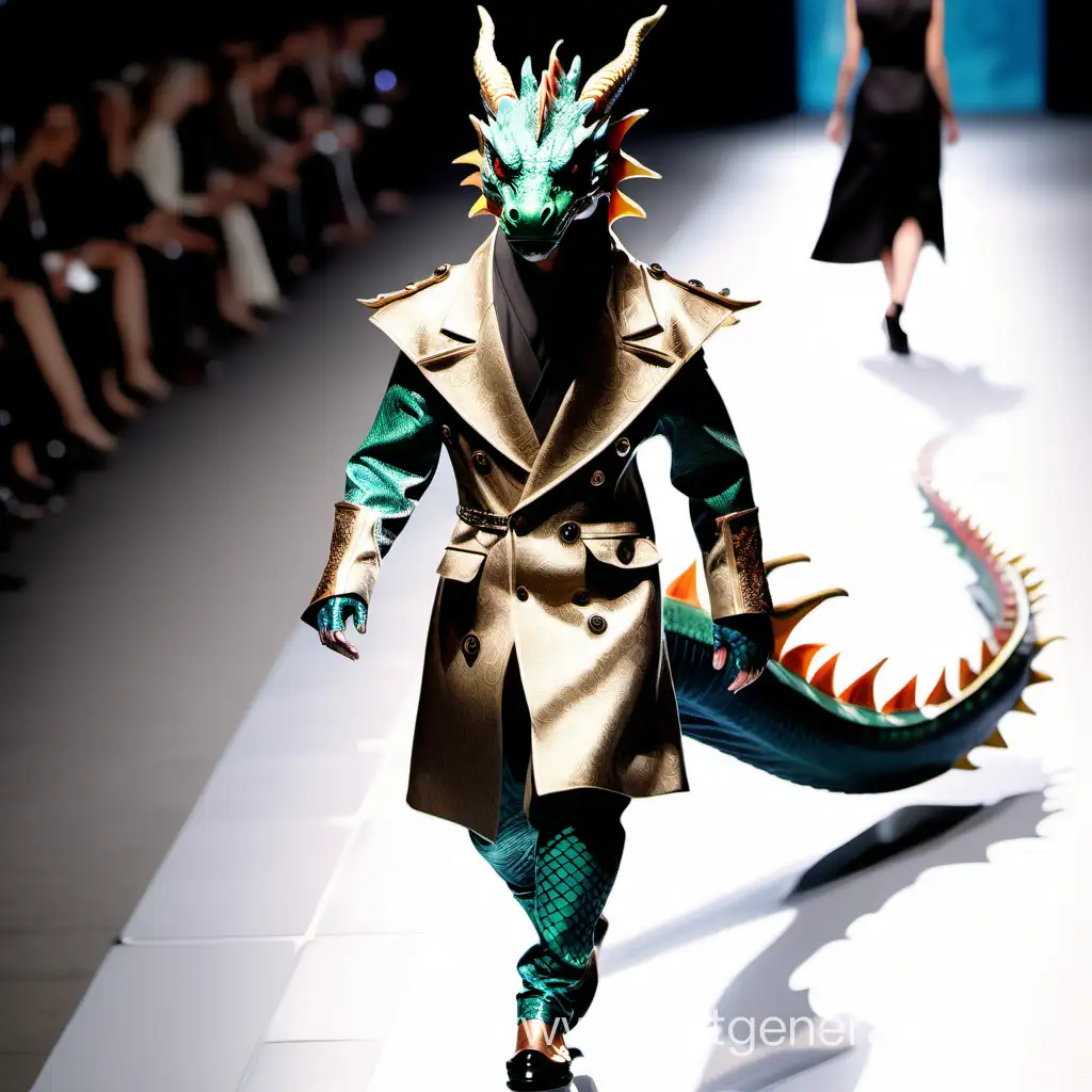 Дракон идущий по подиуму в дизайнерской одежде