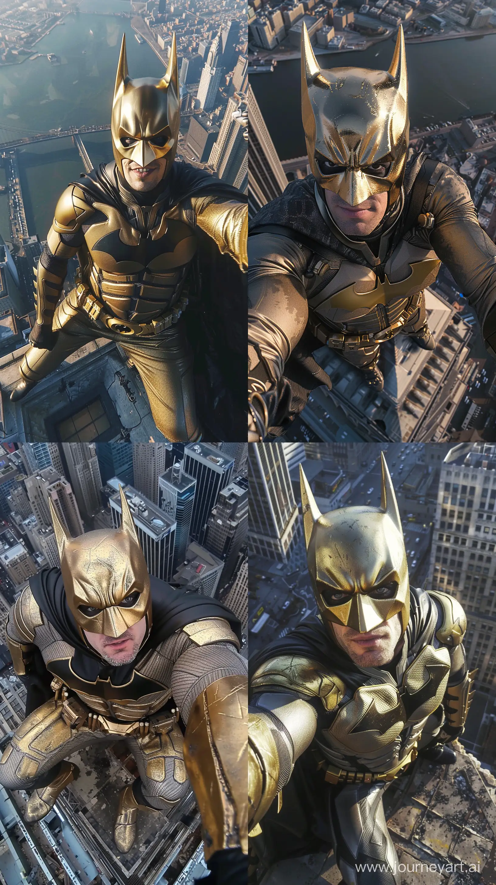 Batman with his gold hero outfit taking selfie on the top of a building, posted on snapchat --ar 9:16 --v 6