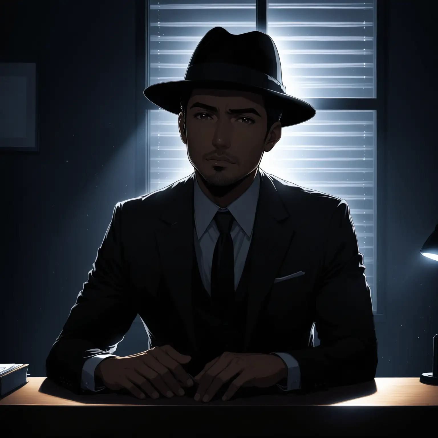 A medium close up on a Latino man in his 30’s sits at his desk in a dark office. It is night. A sheet of light pierces through the window next to him. He wears a black suit and a black fedora hat. Half of his face lit with direct light. His facial expression is inquisitive 
