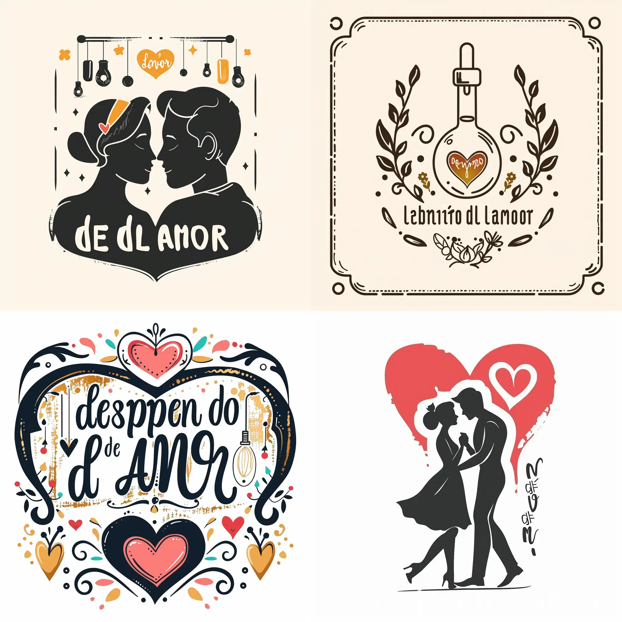 Logotipo con la frase Laberinto del amor en español, creativo, parejas, estilo coquette