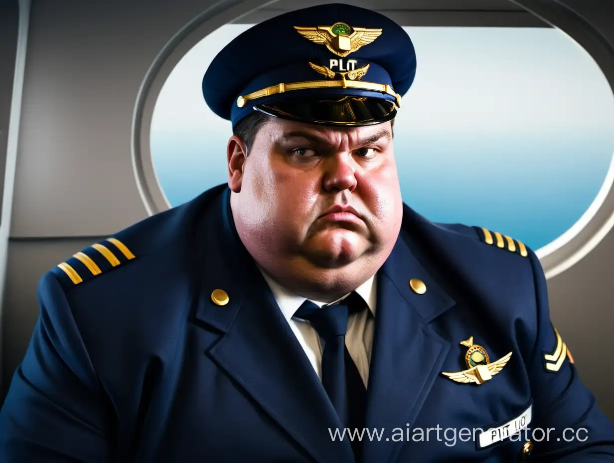 The fat pilot sits with a serious face