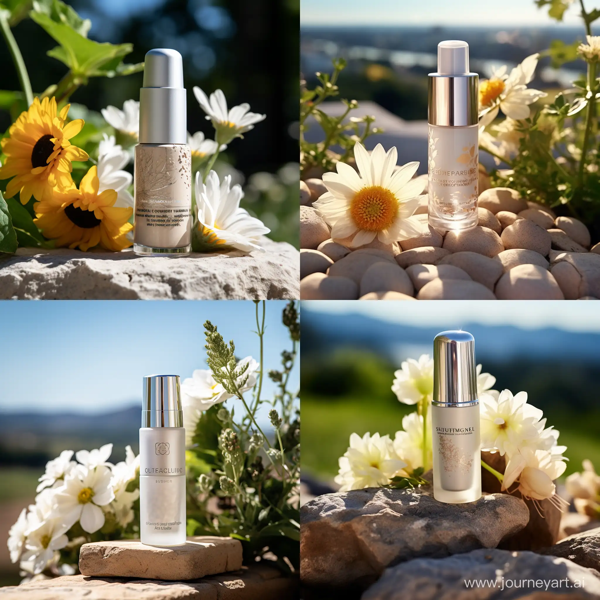 一个漂亮的白色化妆瓶在石头上，周围环绕着美丽的鲜花和绿色植物，背景是夏天的天空，侧逆光，漂亮，广告照片，产品亮点，微距镜头，非常逼真干净的图像，behance，8k
