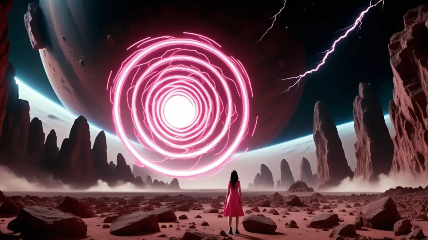Ancient Martian Landscape with Striking Pink Lightning around a Chinese Girl