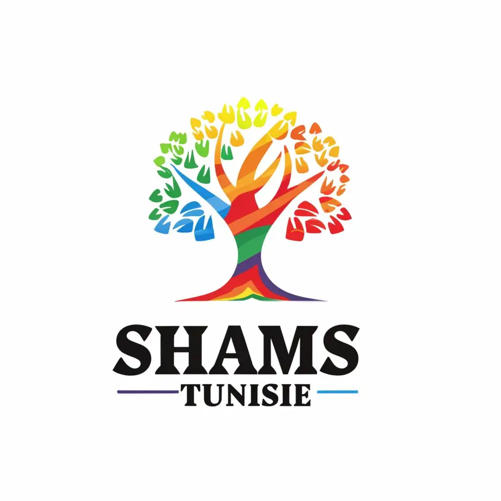 a logo design,with the text "SHAMS TUNISIE", main symbol:TREE OF LIFE WITH GRADIENT COLOR OF LGBT,Moderate,clear background