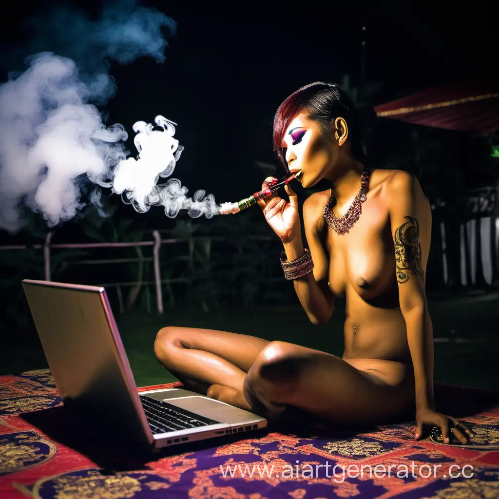 Голый ледибой в Таиланде курит кальян за ноутбуком