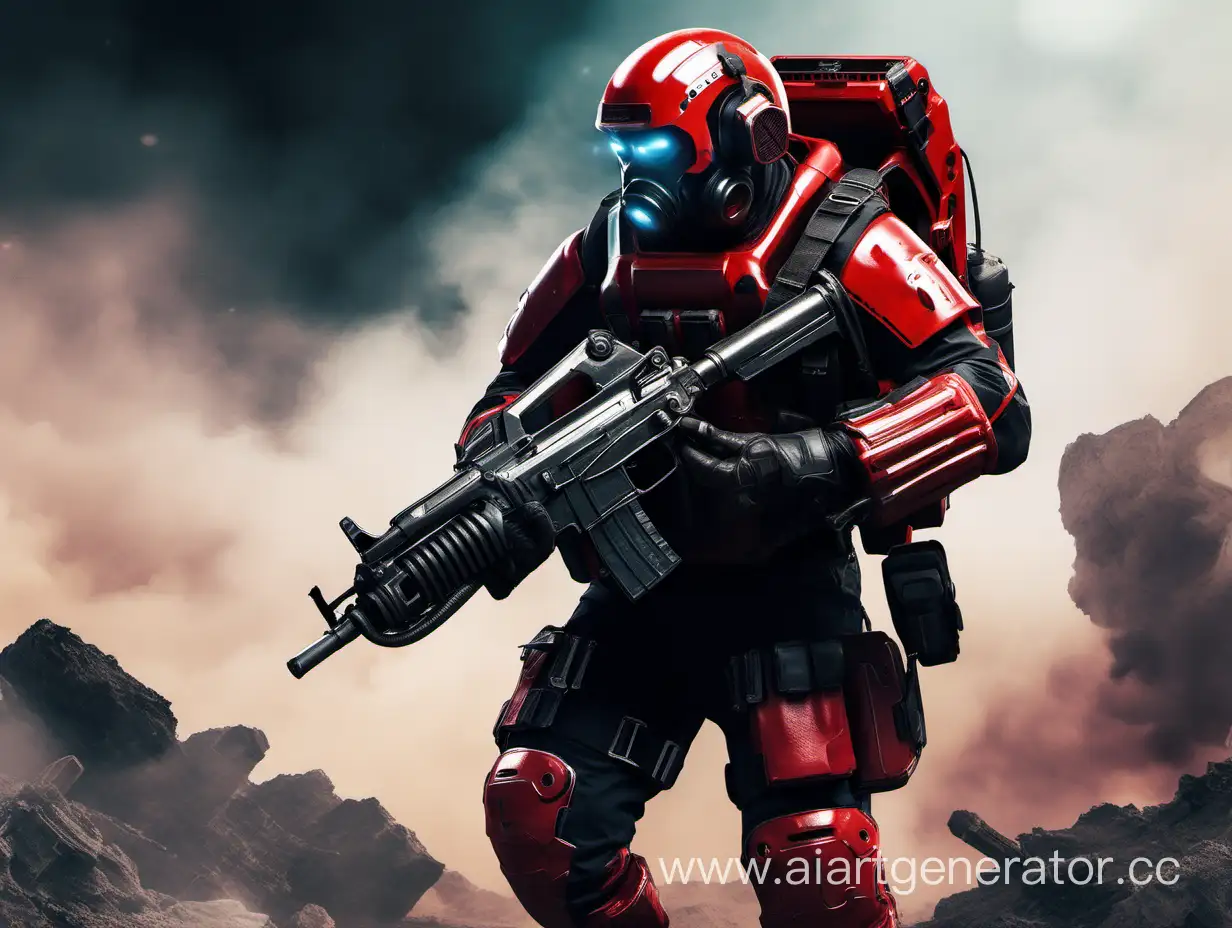 an operative in a combat space exoskeleton of the juggernaut of the future in red and black holding a hand grenade launcher with a black jetpack on his back and an AK 47 assault rifle in his hands