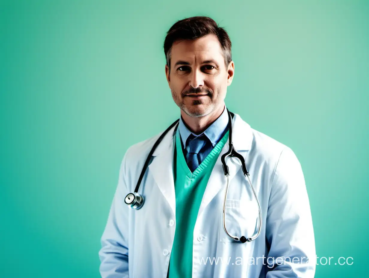 Изображение мужчины-врача стоя в белом халате со стетоскопом на бледно-бирюзовом, больше зеленом фоне