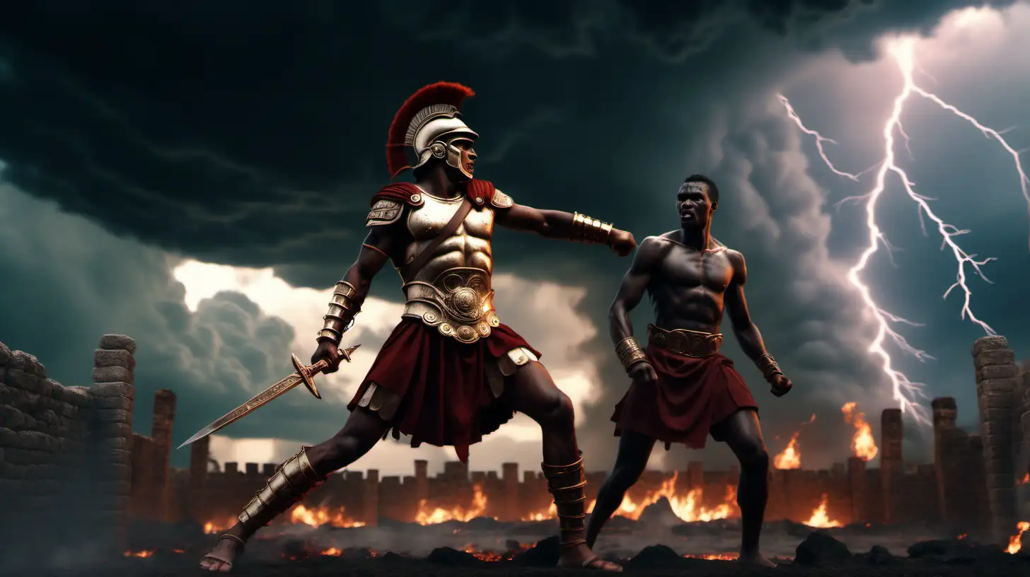 Epic Battle Roman and African Warriors Clash Amidst Burning Village