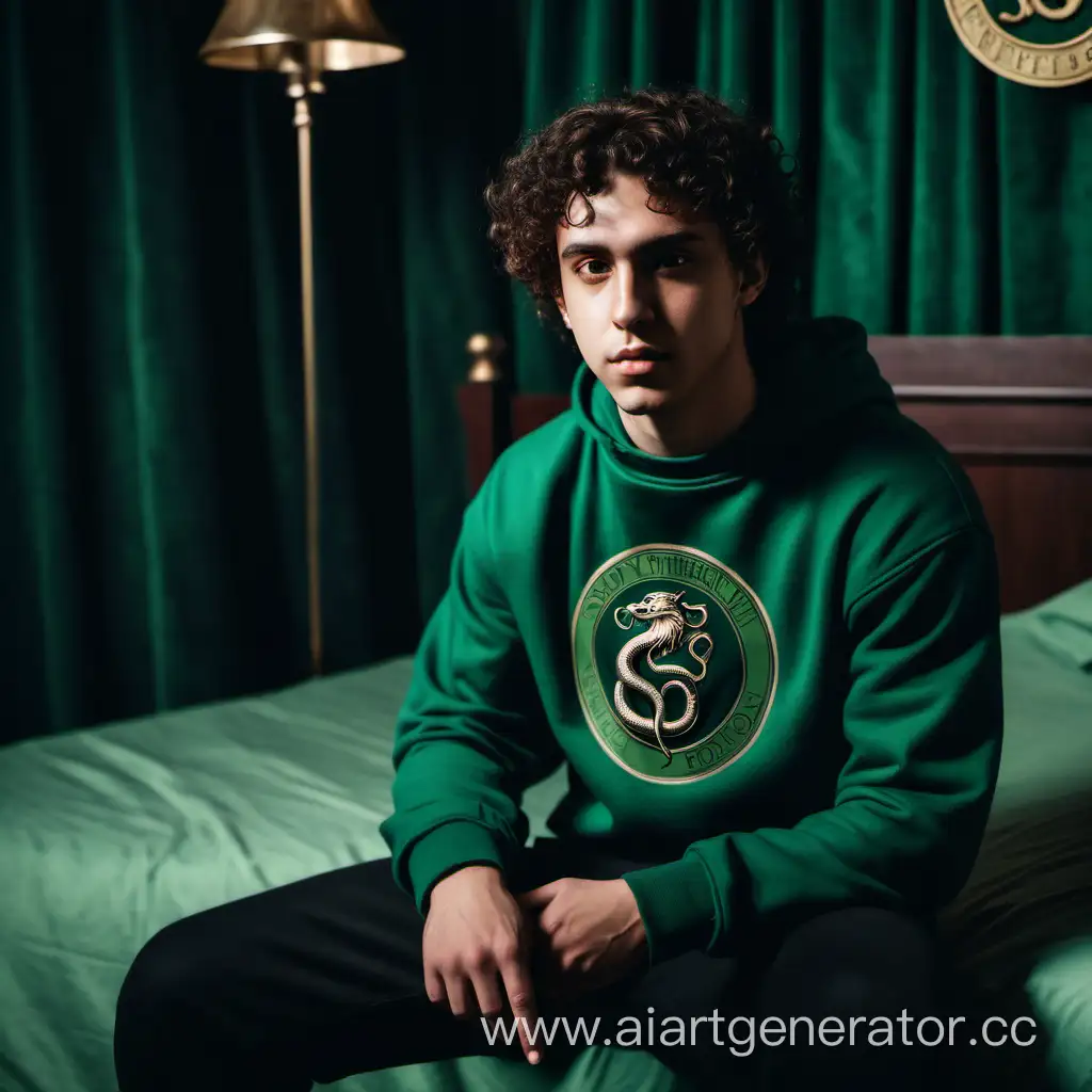 a young handsome attractive guy with dark curly hair in a sweatshirt is sitting on the bed opposite him sitting on a chair, a dark-skinned guy in a sweatshirt in the Slytherin room, full length, side view