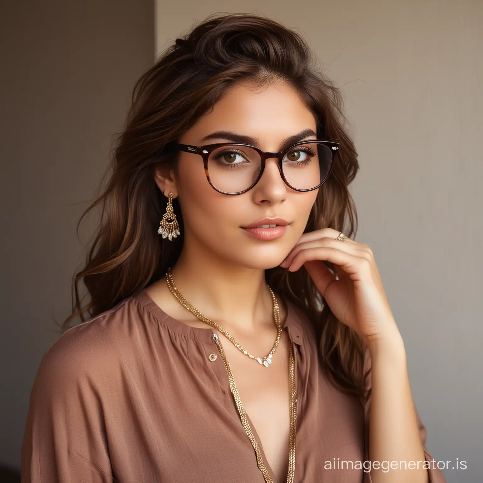 a woman in her late twenties, possesses a vibrant and confident demeanor. With dark almond-shaped eyes and luscious brown locks cascading around her shoulders, Maya exudes sophistication and creativity. She embraces chic and contemporary fashion, often accessorizing with delicate jewelry and trendy eyewear to complement her polished appearance as a junior graphic designer.