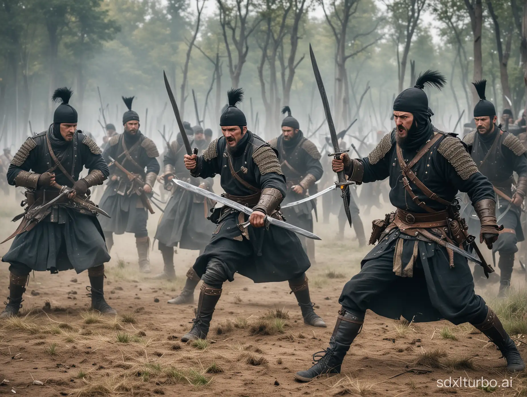 Medieval-Infantry-Engage-in-Sword-Fight-with-Bandits-Resembling-Ukrainian-Cossacks