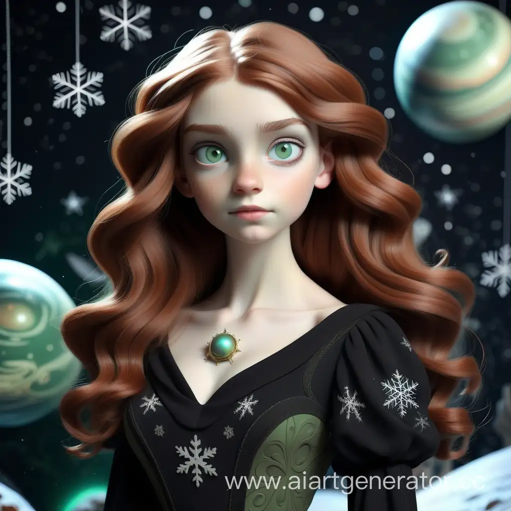 девушка с фарфоровой кожей, зелено-карими глазами и каштановыми длинными волосами, в черном винтажном платье, на фоне планетария и снежинок