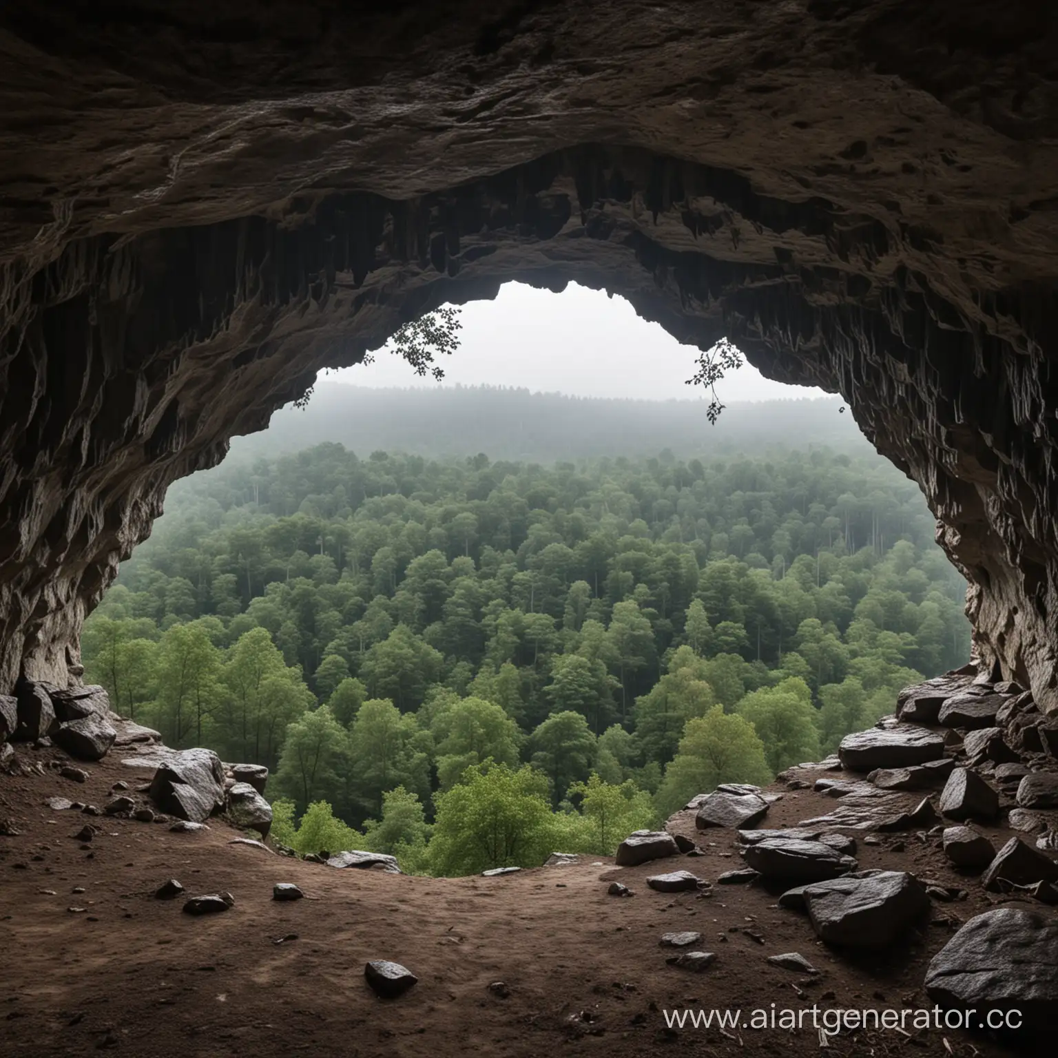 Пещера с фидом на лес пасмурно