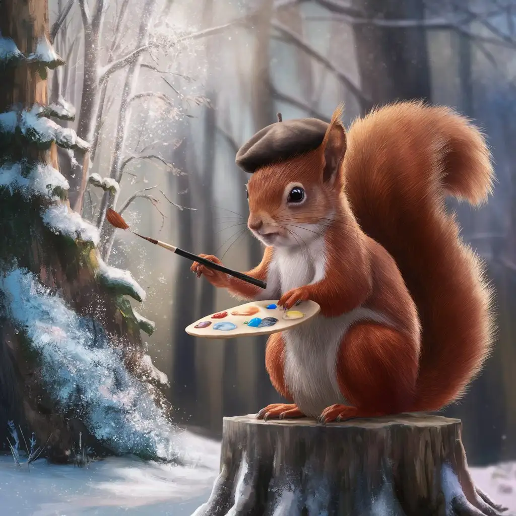 Artistic-Squirrel-Painting-HighResolution-Winter-Forest-Watercolor