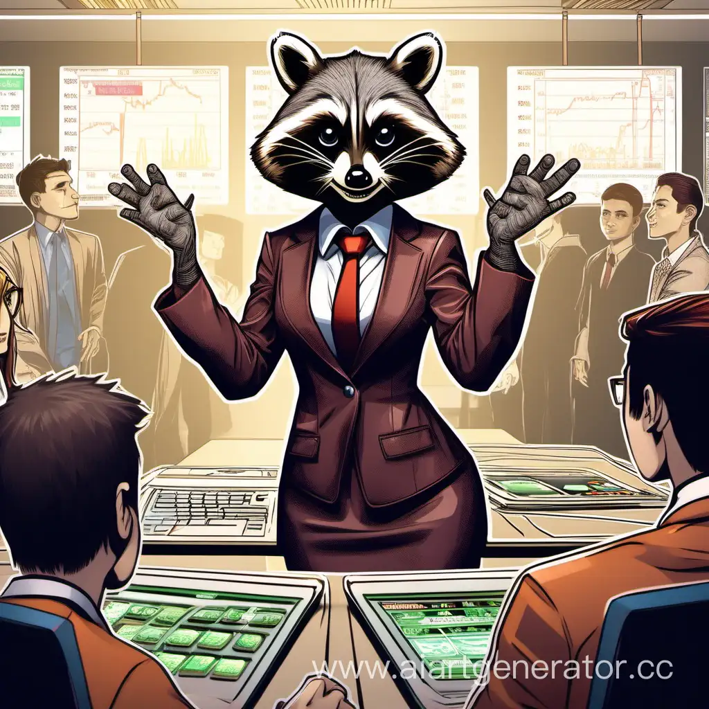 A rich female raccoon with a humanoid-shaped body and tall stature explains to trading students what a cryptocurrency rate is