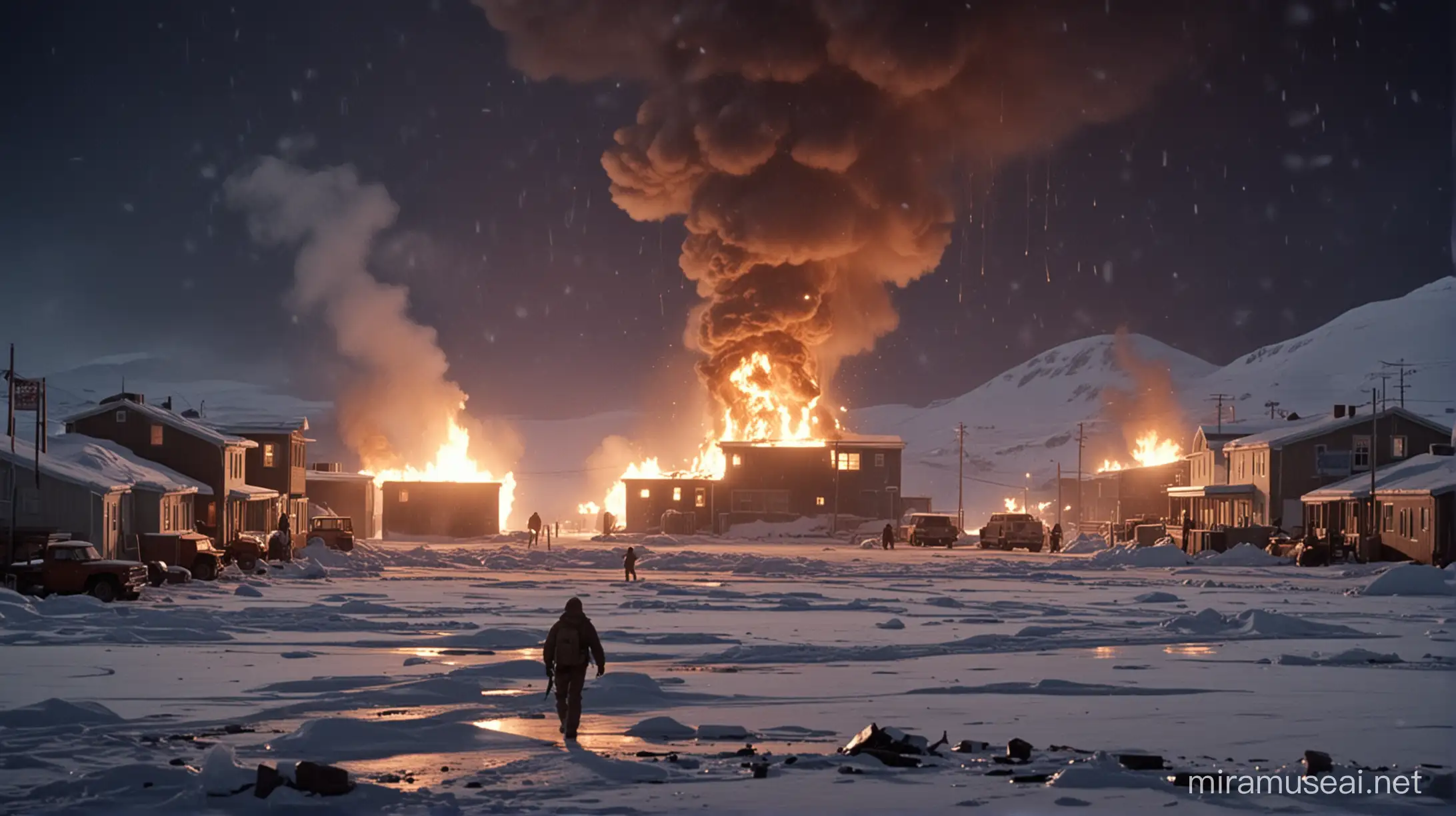 Cinematic Still The Thing Inspired Scene with Buildings Ablaze in Antarctic Blizzard