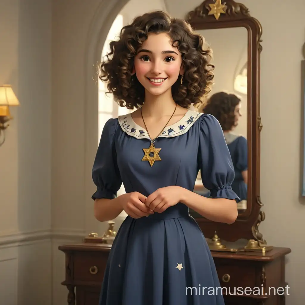 A very pretty young Jewish woman with dark curly hair in a modest mid-20th century dress looks into a small mirror and smiles. We see her full-length, with arms and legs. Around her neck is a pendant with a Star of David. Realism style, 3d animation.