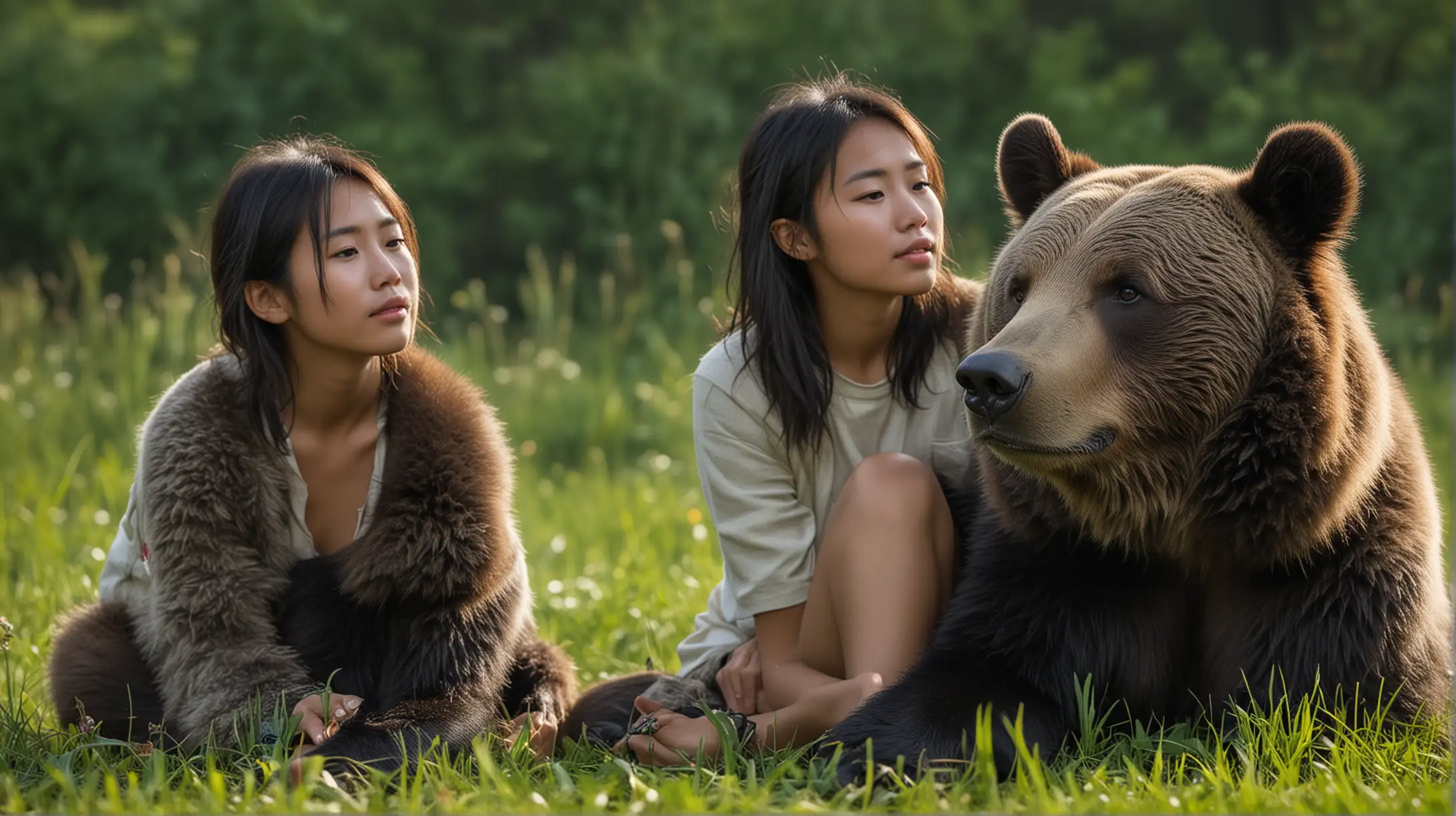 CloseUp Wildlife Photography Chinese Girl and Bear in Serene Grass Setting