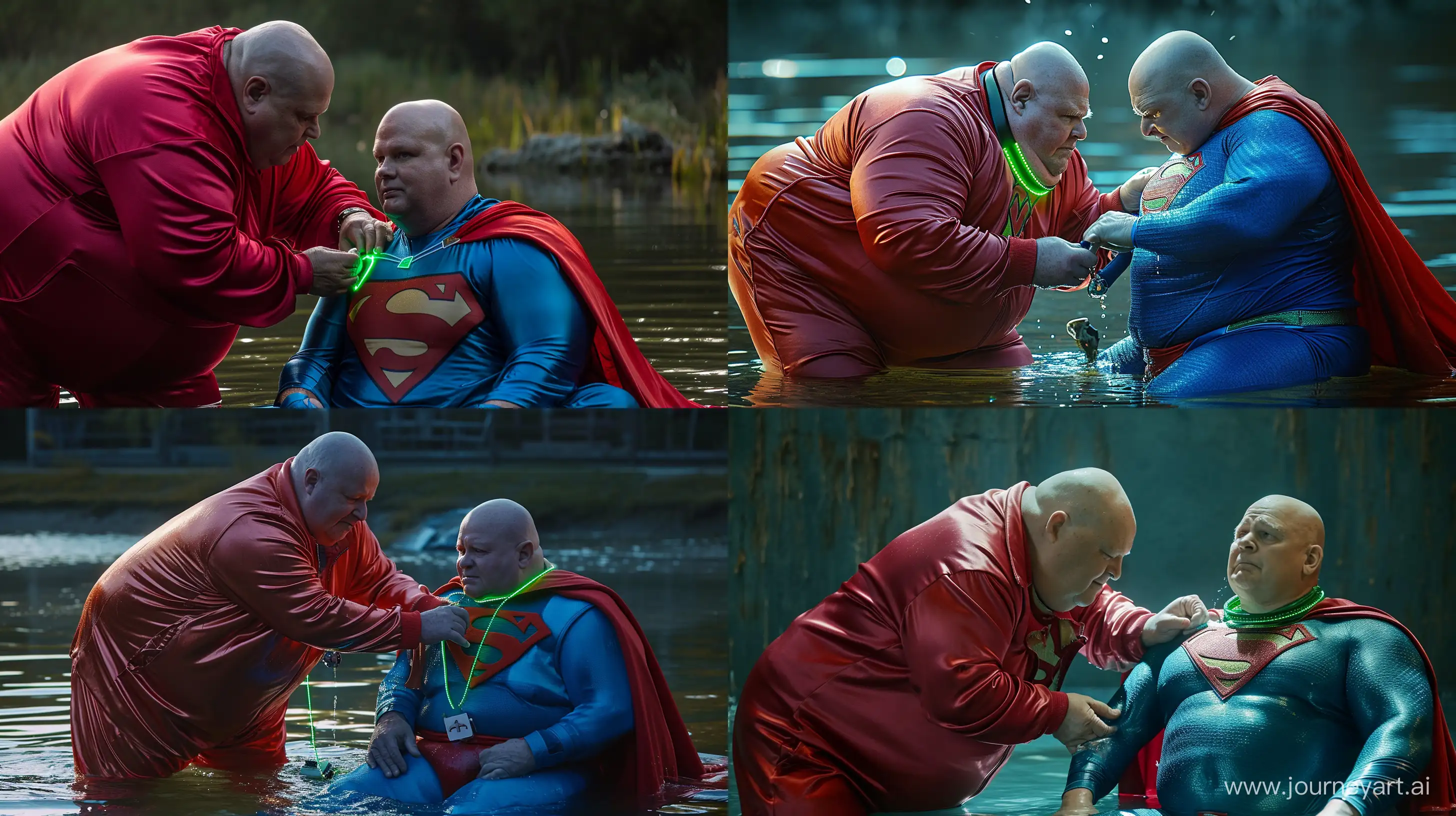 Professional quality close-up photo of a chubby man aged 60 wearing silky glowing red tracksuit, bending over and tightening a green glowing small short dog collar on the neck of another chubby man aged 60 sitting in the water and wearing a silky blue superman costume with a large red cape. Outside. Bald. Clean Shaven. --style raw --ar 16:9 --v 6