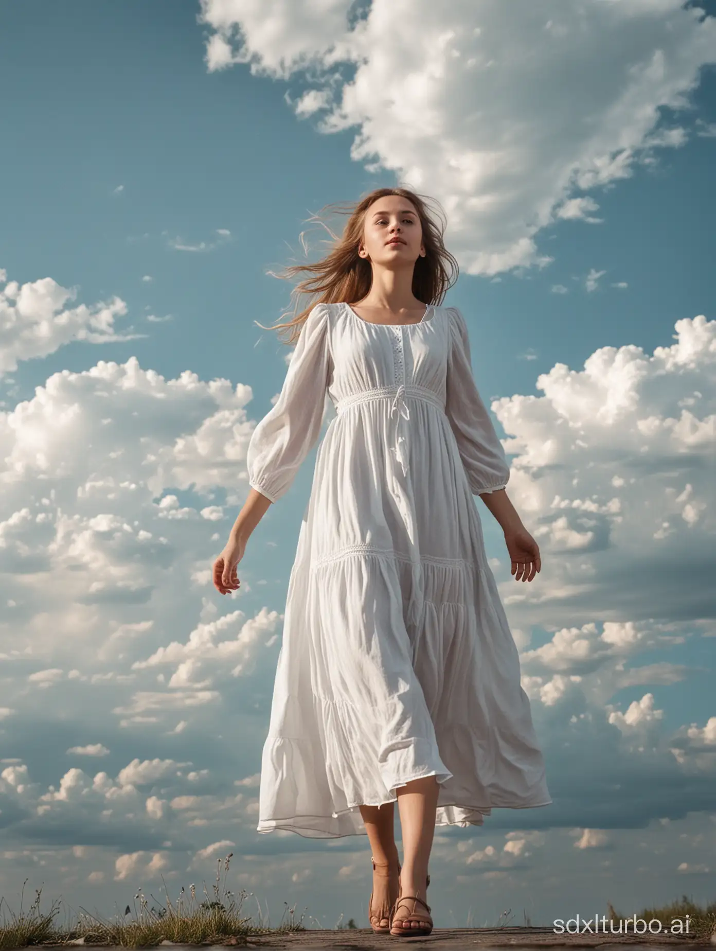 A Russian girl dressed in a white dress wanders in the sky.