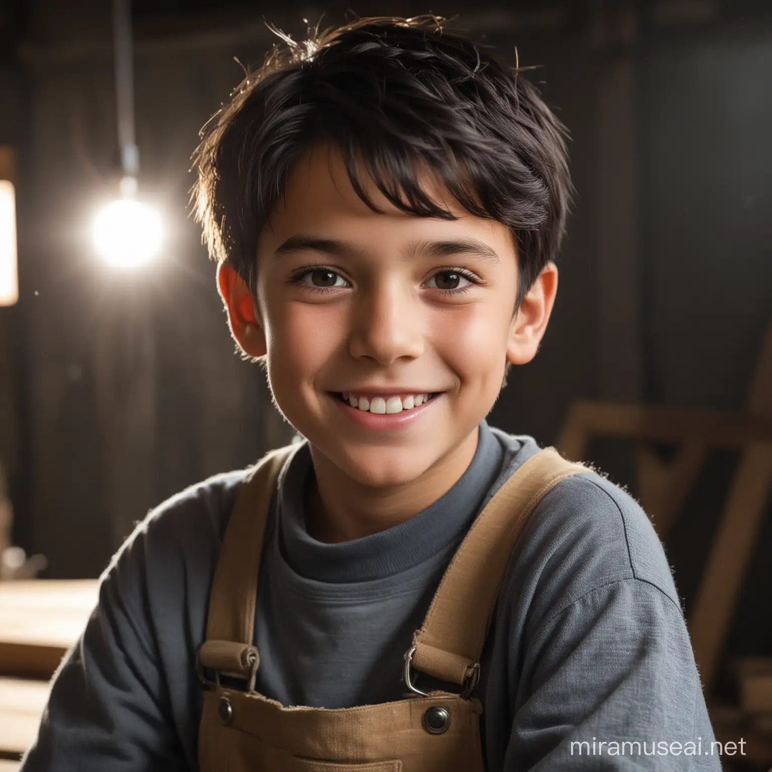 A young boy carpenter with black hair looks at the camera with a smile in a dark workshop with a beam of light shining on her face