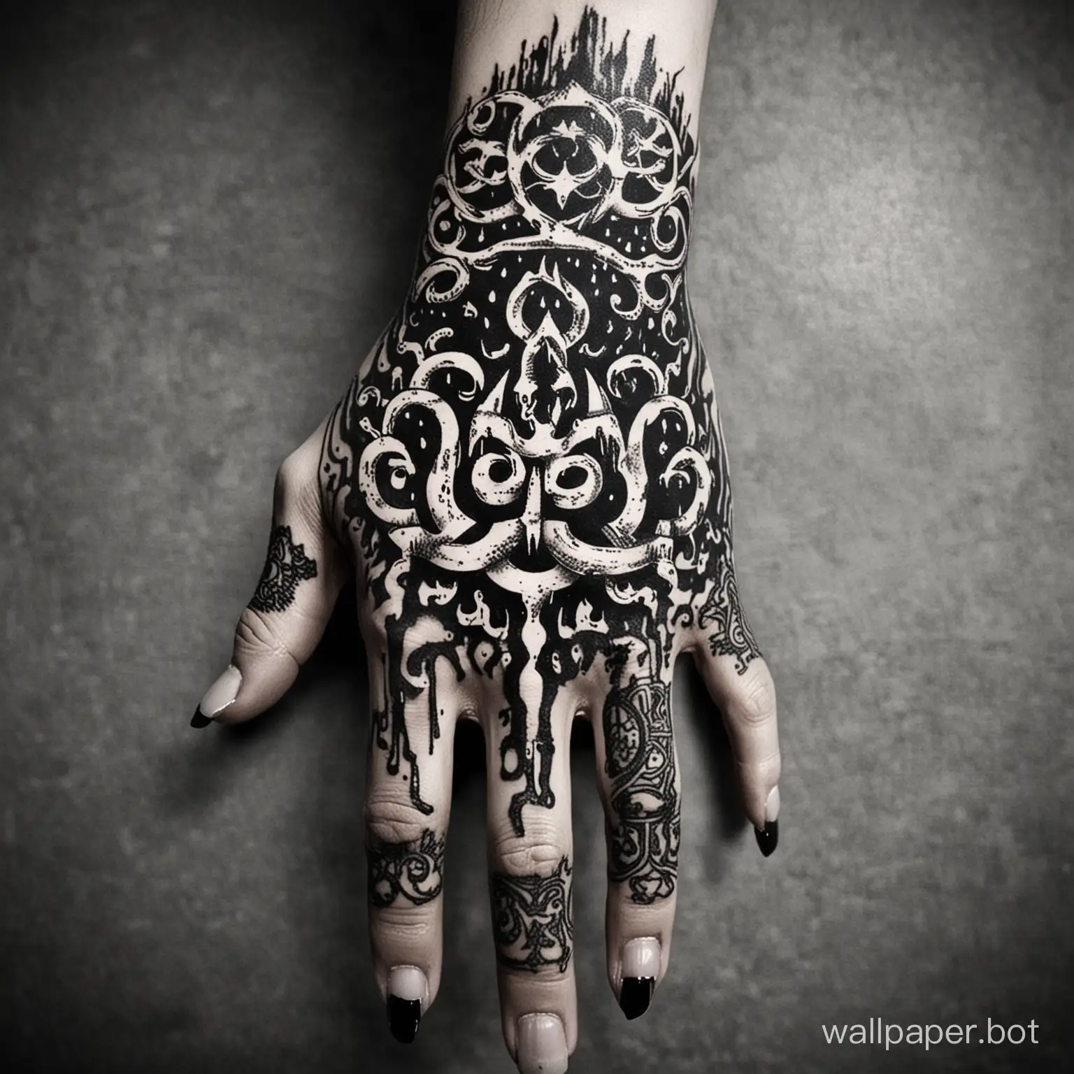 Tattoo hand design, white aum centered , chaotic  masterpiece, dark tentacles background, blackwork, dripping black,  chaos, stencil,  monochromatic, black white, 