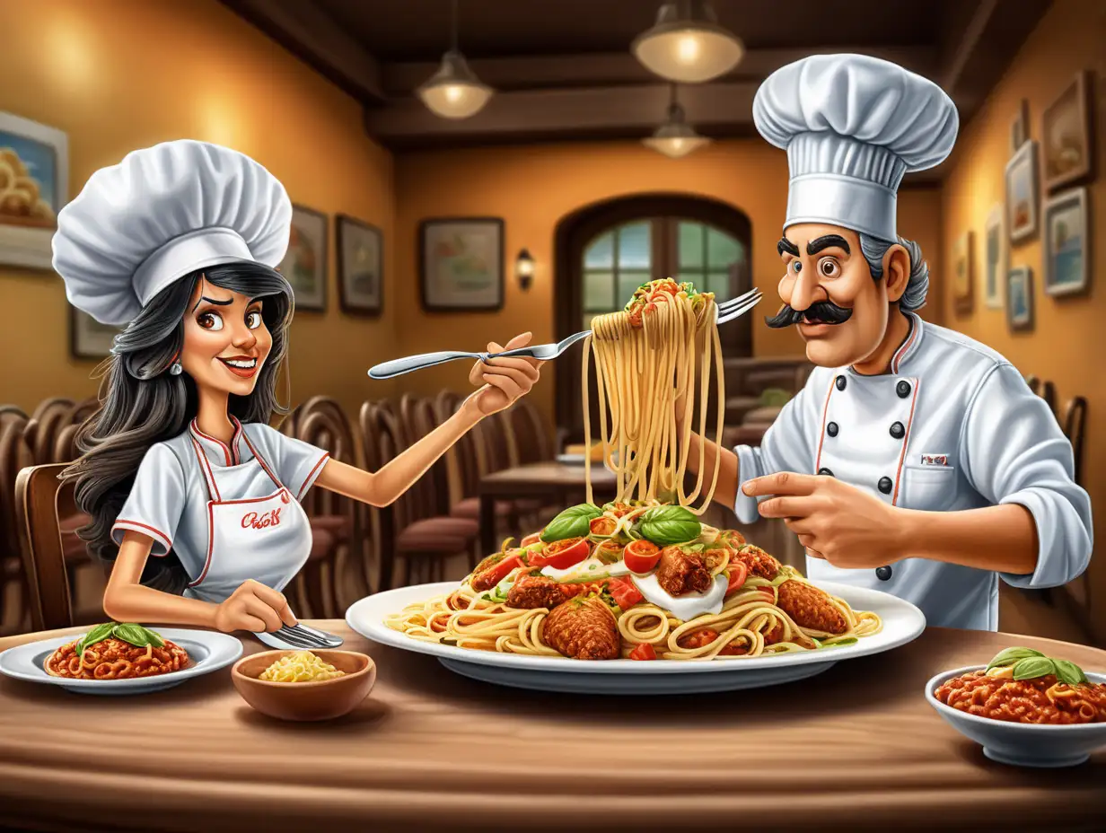 pasta kock, med stor gaffel och spagetti på, restaurang,  kock med sobero, serverar tacos till en dam vid bordet, välgjorda tecknade bilder, hyperealistisk, fotorealistic, hög kvalité på bild
