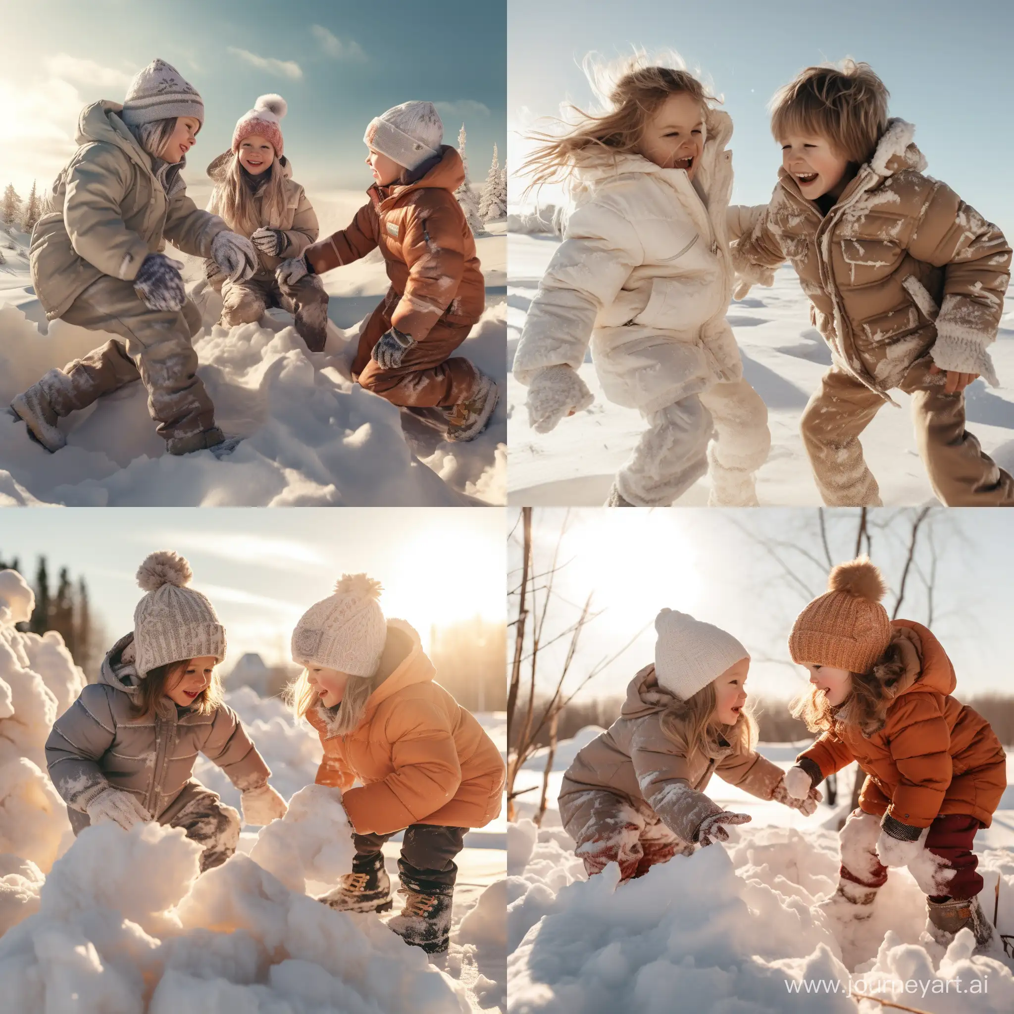 Дети в зимней одежде играю друг с другом в снежки и строят снежные крепости, солнечный зимний день, фотография, гиперреализм, высокое разрешение