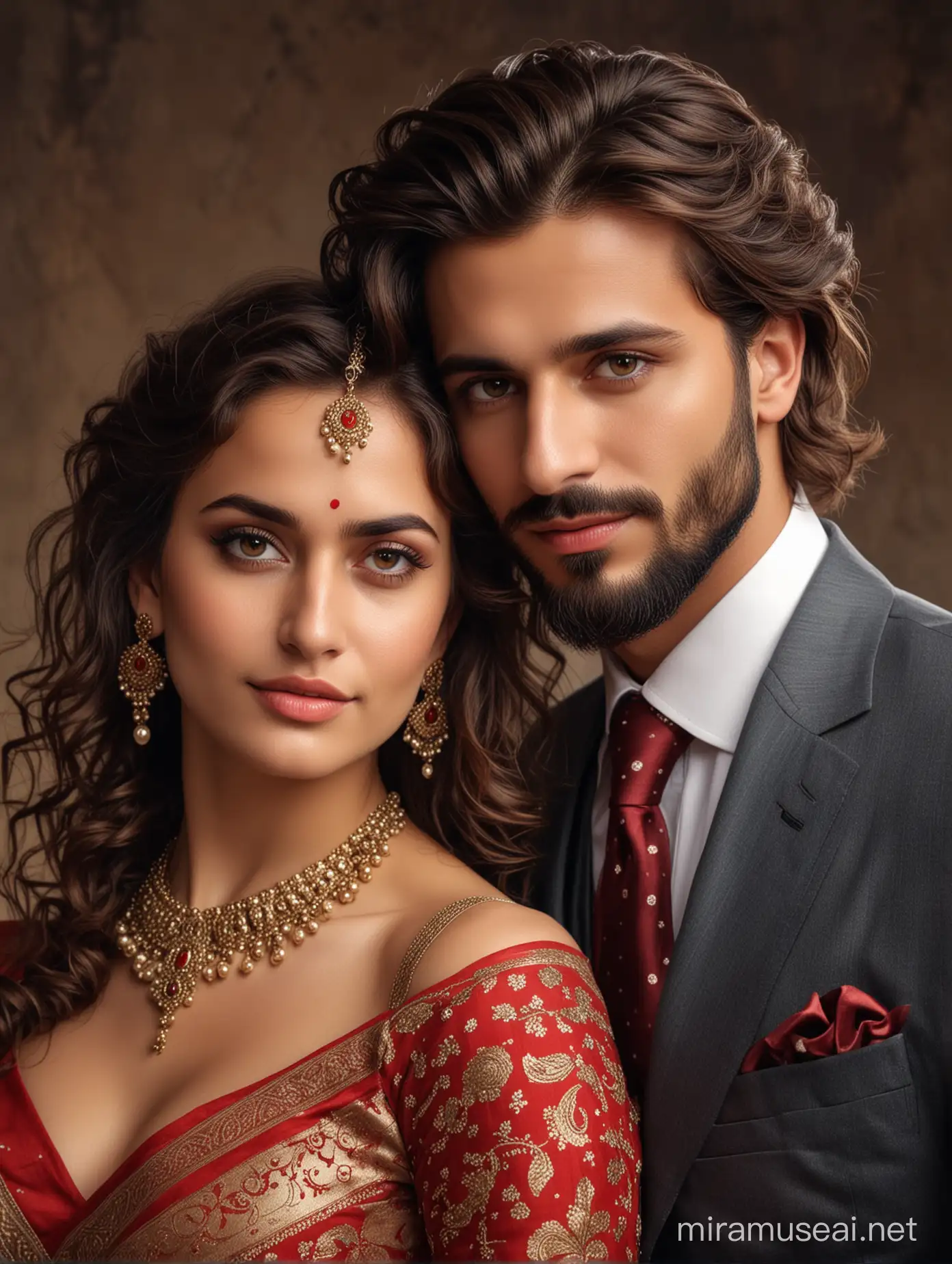 full portrait photo of most beautiful european couple as most beautiful indian couple,  most beautiful cute girl in elegant saree, wide black eyes, full face, full red dot on forehead, girl has long curly hairs, full red dot,  hair falling on breasts, full makeup,  full jewelry, hair ornaments,  low cut back, , girl embracing man and resting forehead on chest of man, man with stylish beard and perfect proper hair cut, suit, photo realistic, 4k.
