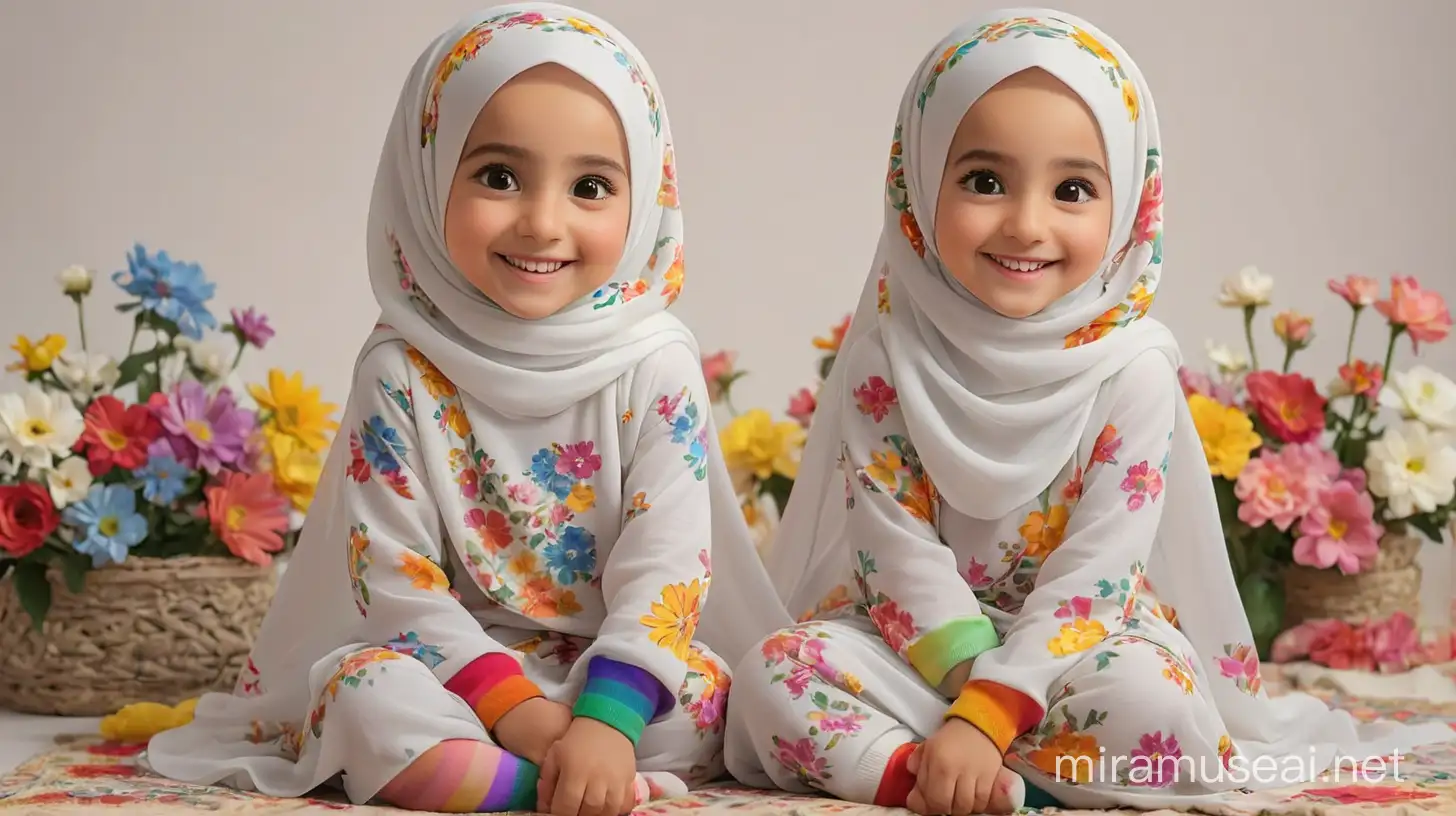 Persian little girl(full height, Muslim, with emphasis no hair out of veil(Hijab), white skin, cute, smiling, wearing socks, clothes full of Persian designs).
Atmosphere full of many rainbow flowers.