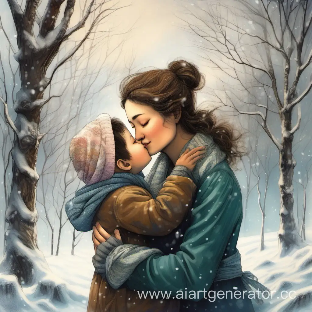 Heartwarming-Winter-Kiss-Mother-and-Child-Embrace-Amidst-Emerging-Spring