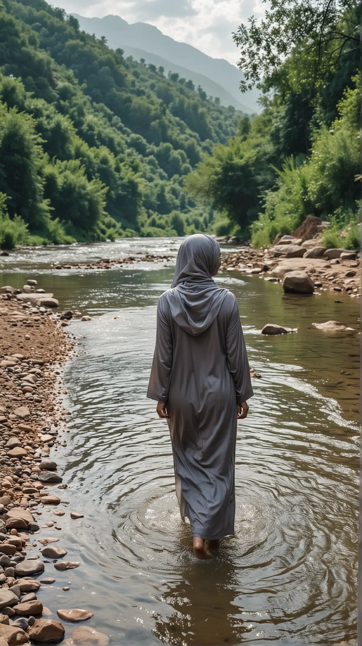 Enchanting Woman in Hijab Bathing by Clear River in Village Setting