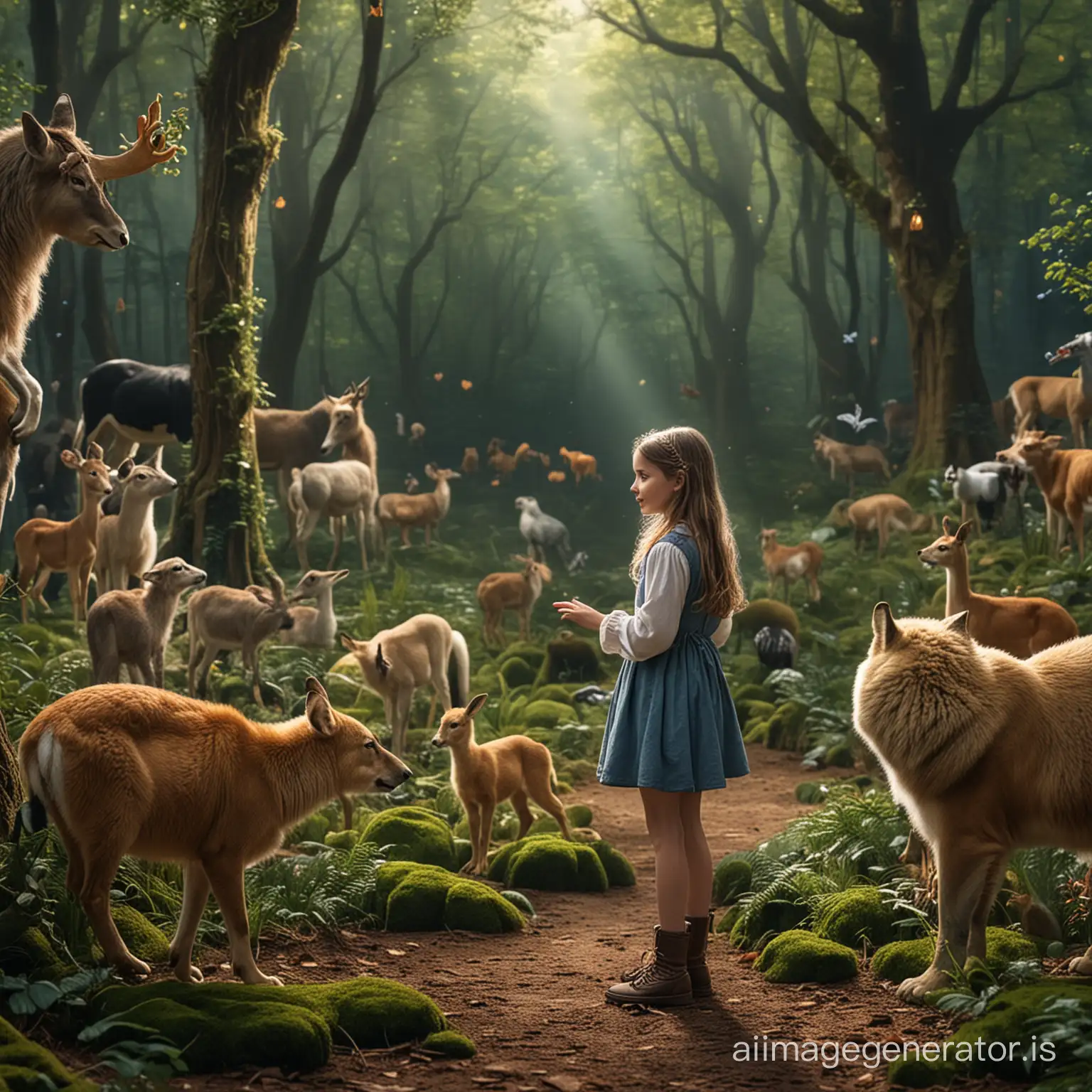 girl talking to animals in enchaanted forest
