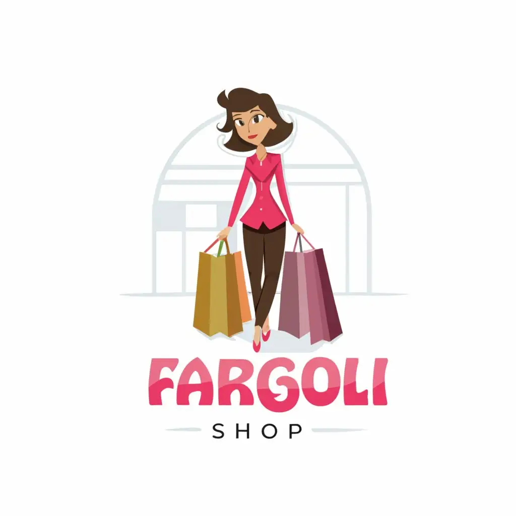 a logo design,with the text "Fargoli shop", main symbol:A matured girl with shopping bags with pink theme in mall,Moderate,be used in Retail industry,clear background