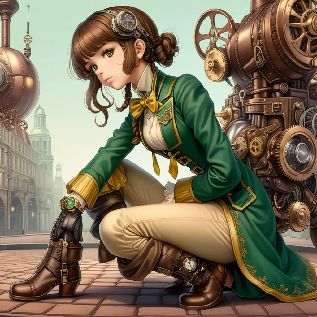a dystopian Victorian full body head to toe image of a girl , with brown hair, in a green and gold outfit, full body, head to toe, in a bent over position, as if picking something up off of the ground, in steampunk style, no hat ultra hd, cartoon anime, vivid colors, highly detailed, perfect composition, beautiful detailed intricate insanely detailed perfect light