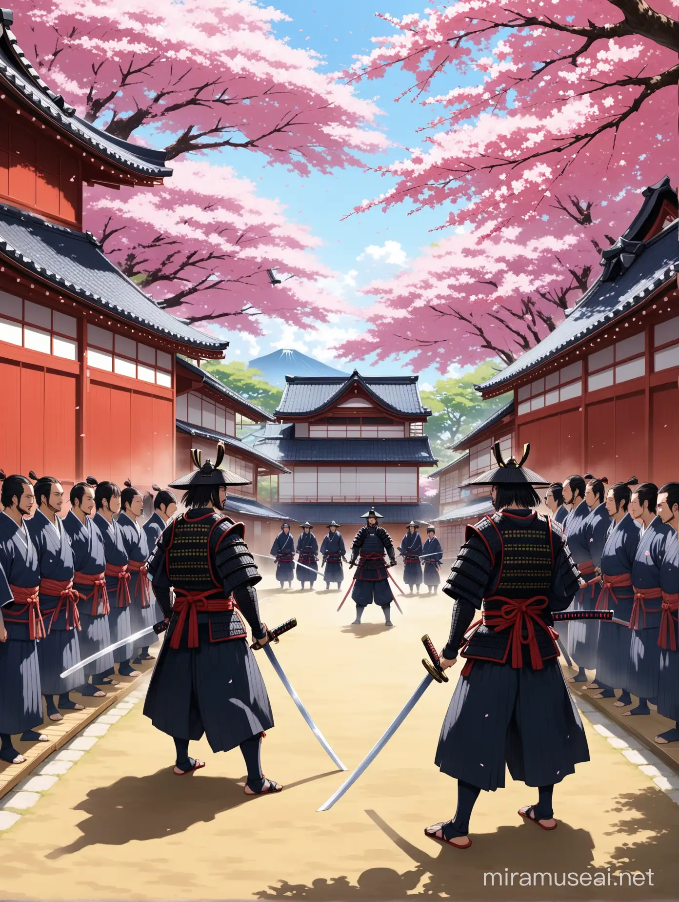 In the Muromachi period, two Japanese samurai dressed in samurai clothing face each other with swords. spectators form a ring around them. In the background, a traditional Japanese house and a sakura tree appear. The spectators cheers.