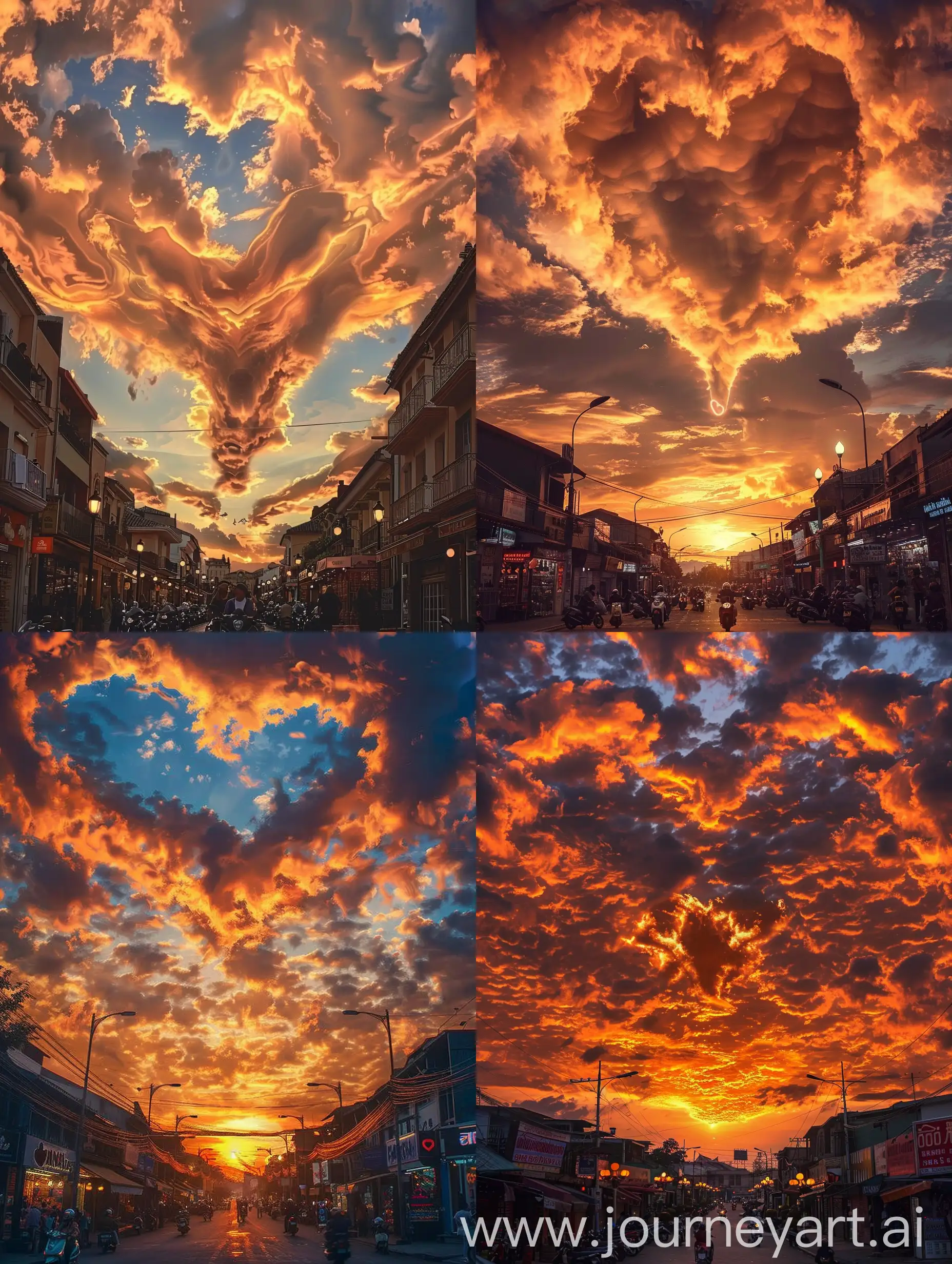  {"":"A dramatic and vivid sunset sky resembling flames amongst clouds with the central clouds forming a heart shape. The view of a town street lined with shops and street lamps below, with people and motorcyclists moving about.","size":"1024x1024"}
