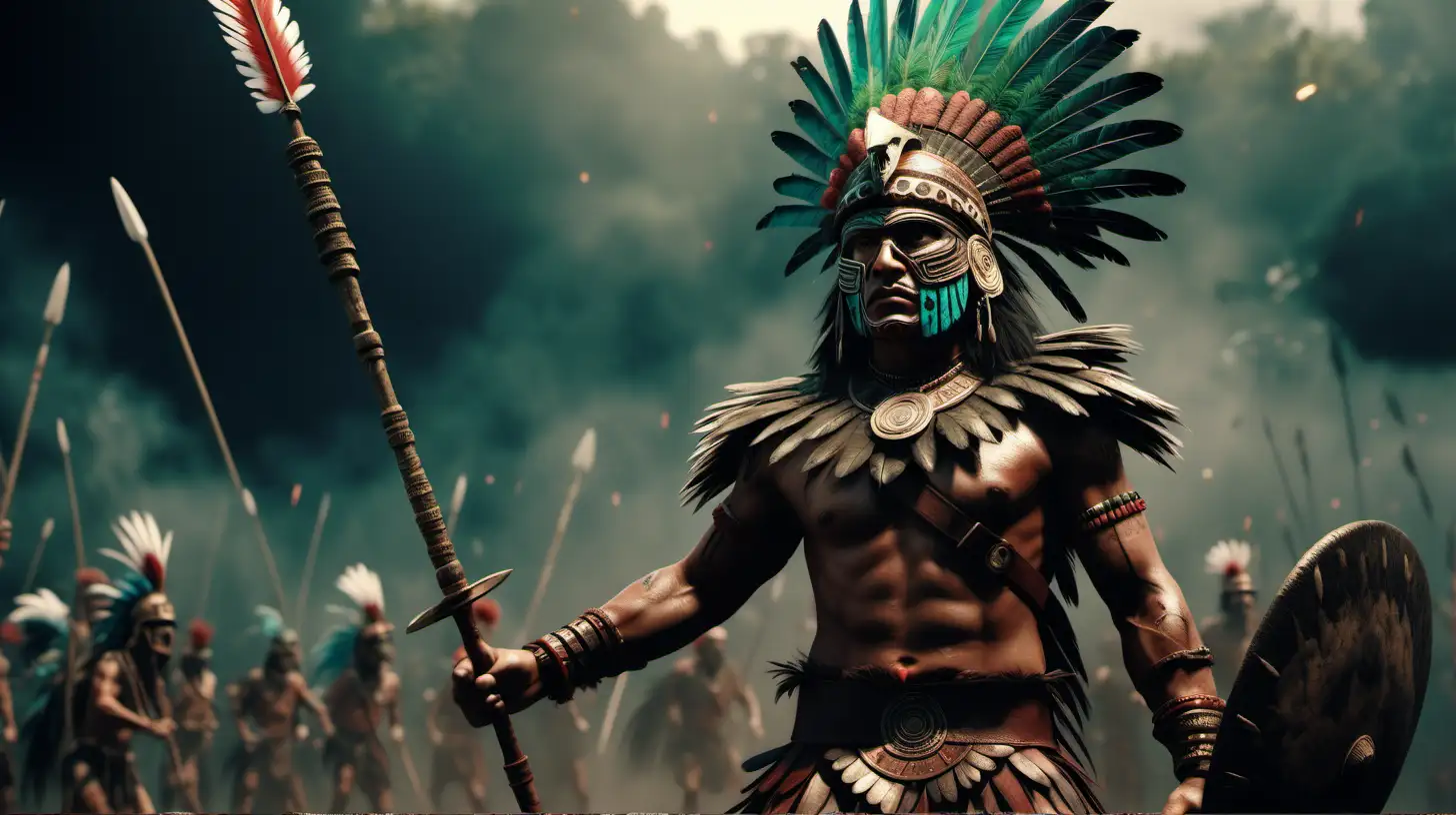 Gran guerrero azteca con una lanza que en la punta tiene muchas plumas de quetzal,año 1492,en medio del campo de batalla, sucios,imagen ultra realista, iluminación cinemática,alta definición,8k