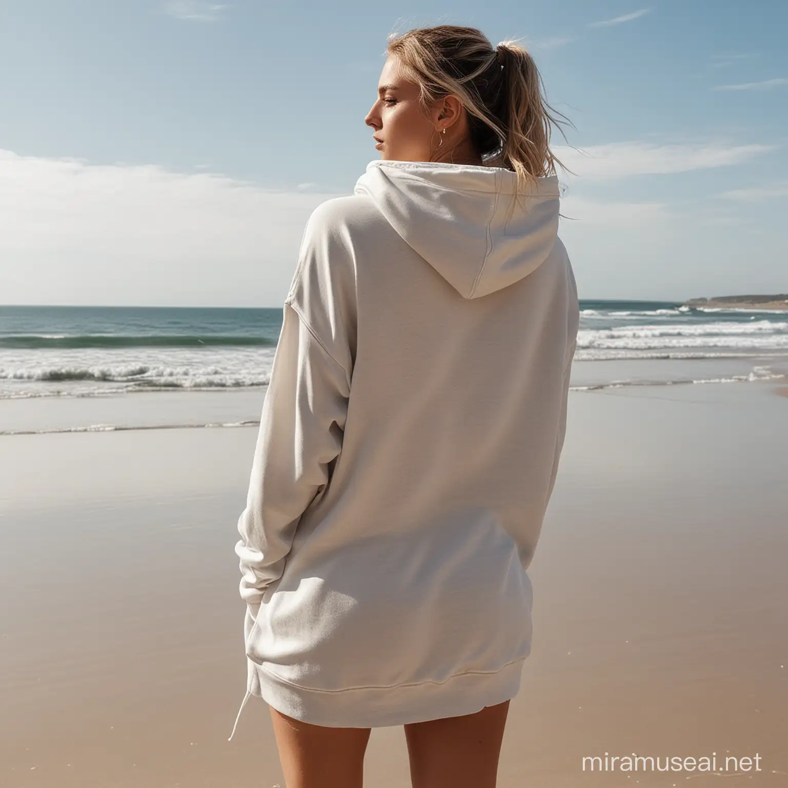 woman at the beach wearing a oversized trendy hoodie, back facing camera, full body, no creases on the back of the hoodie

