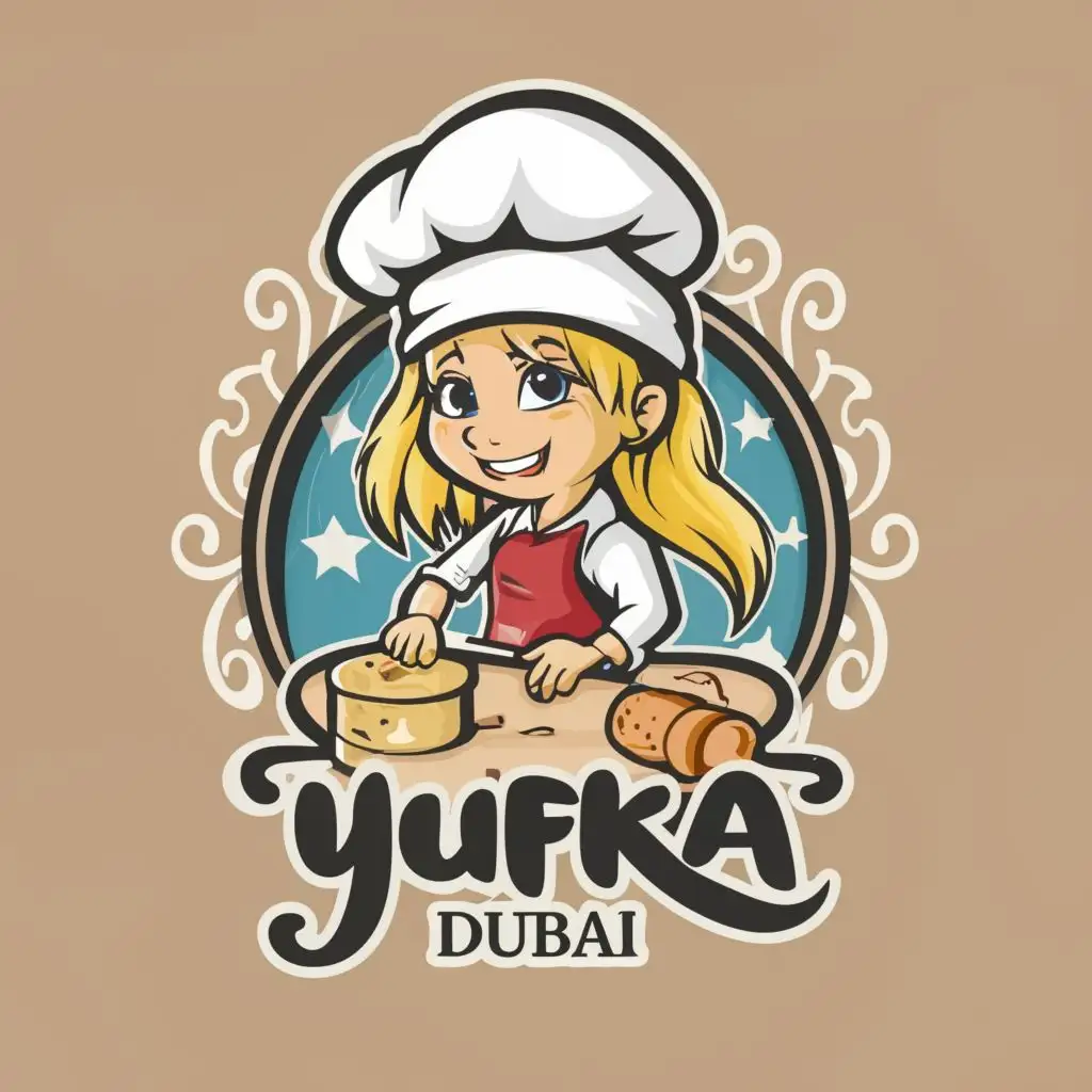 LOGO-Design-For-Turkish-Yufka-Dubai-Cheerful-Blonde-Girl-Chef-with-Rolling-Pin-and-Hat