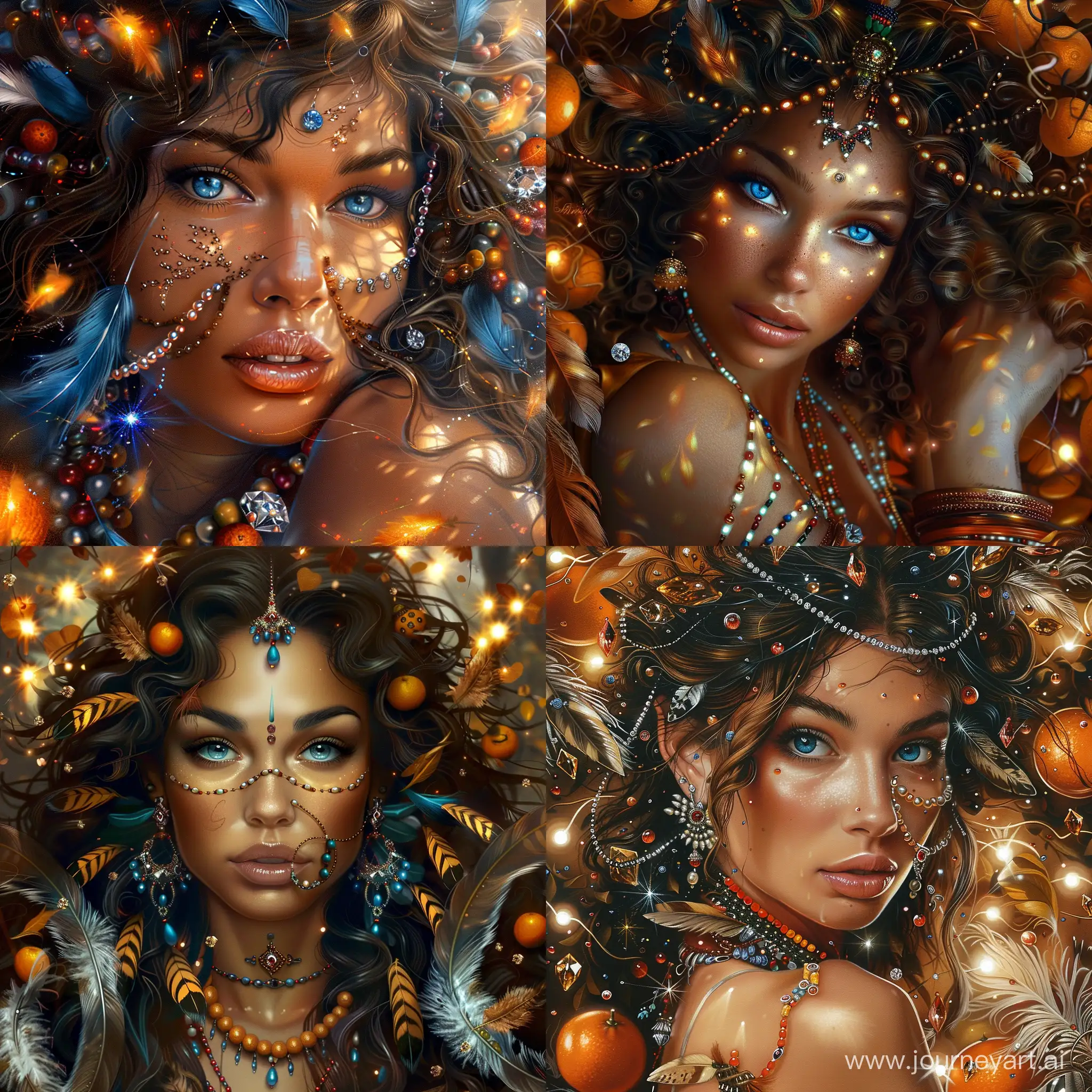 mujer, india, ojos azules, morena, melena rizada, plumas, avalorios, luces, diamantes, naranjas