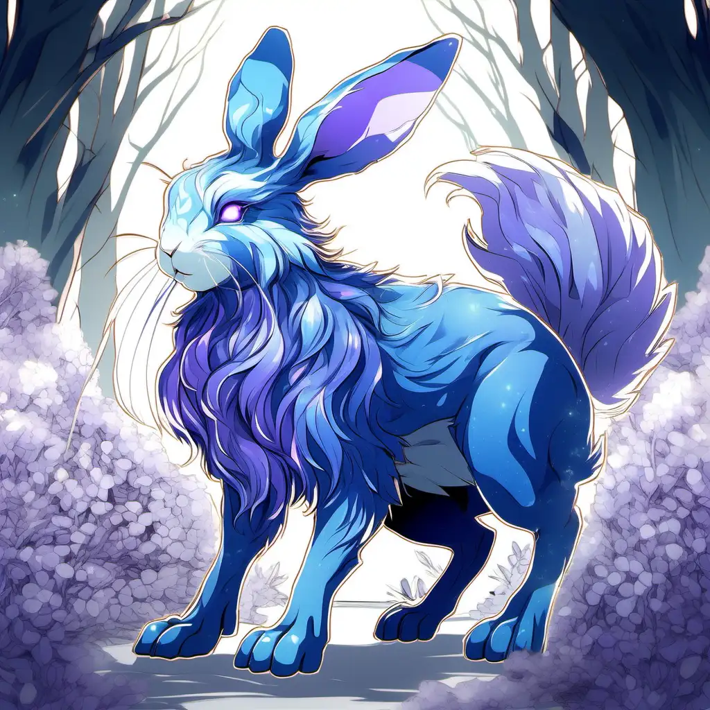 in anime style, a full body image of a beautiful mythical rabbit like beast in colors of blue and lavender, never seen before, original character designs