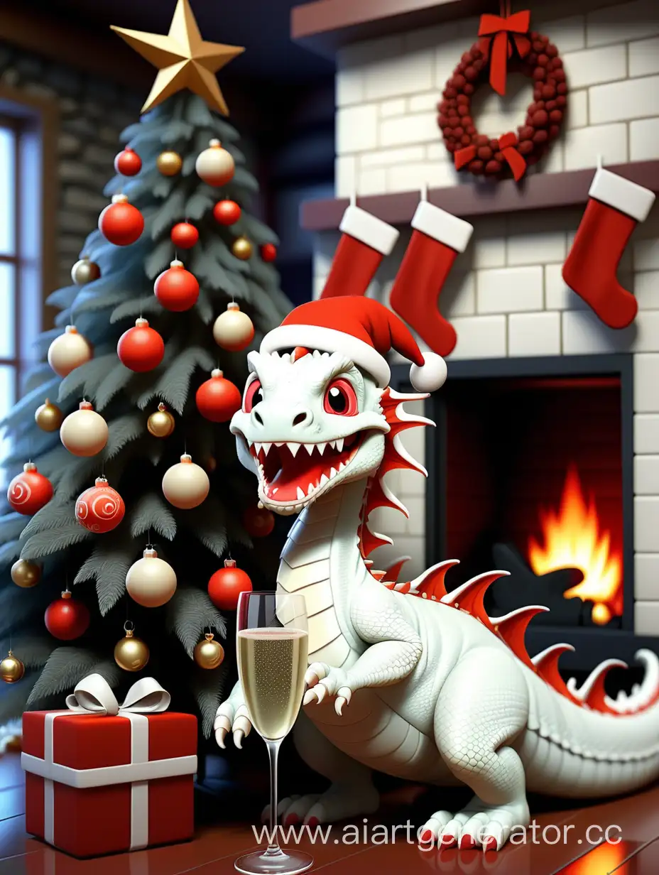 Festive-Fireplace-Scene-Smiling-Dragon-Celebrating-New-Year-with-Champagne-by-Christmas-Tree