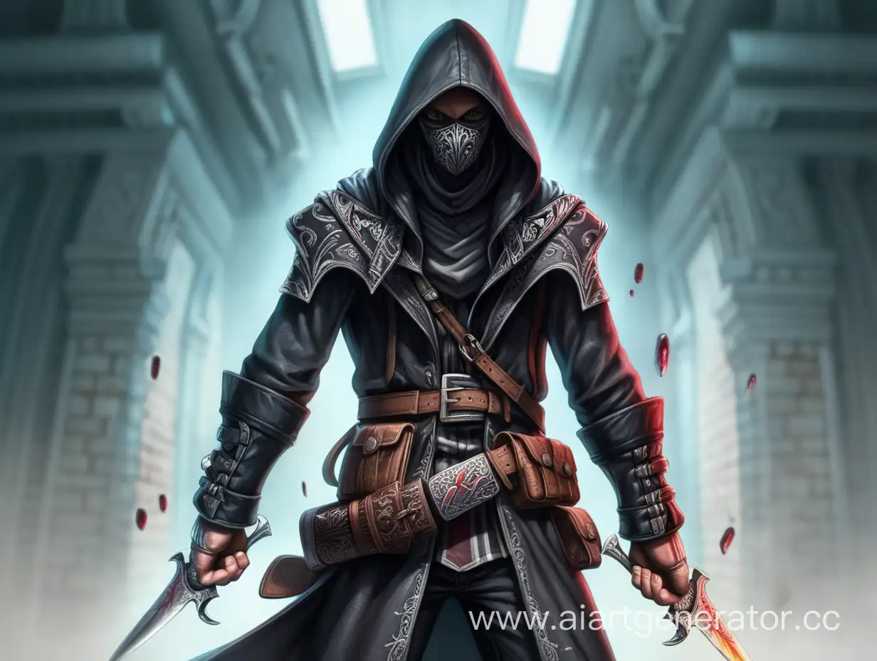 An assassin in a hood with an acid dagger in his hand