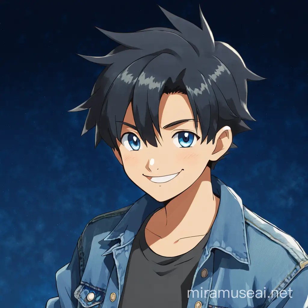 Pokemon style, a young boy with short hair, black hair, blue eyes, happy eyes. a denim jacket, smiling. 