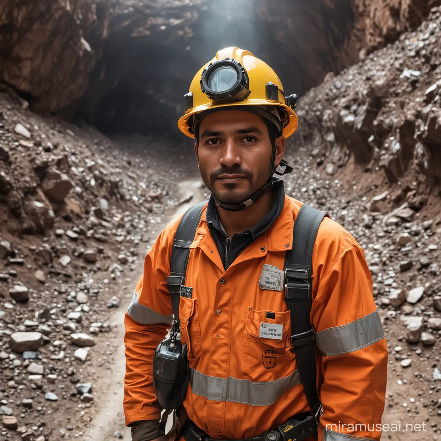 latin miner, with full safety gear, in an open mine
