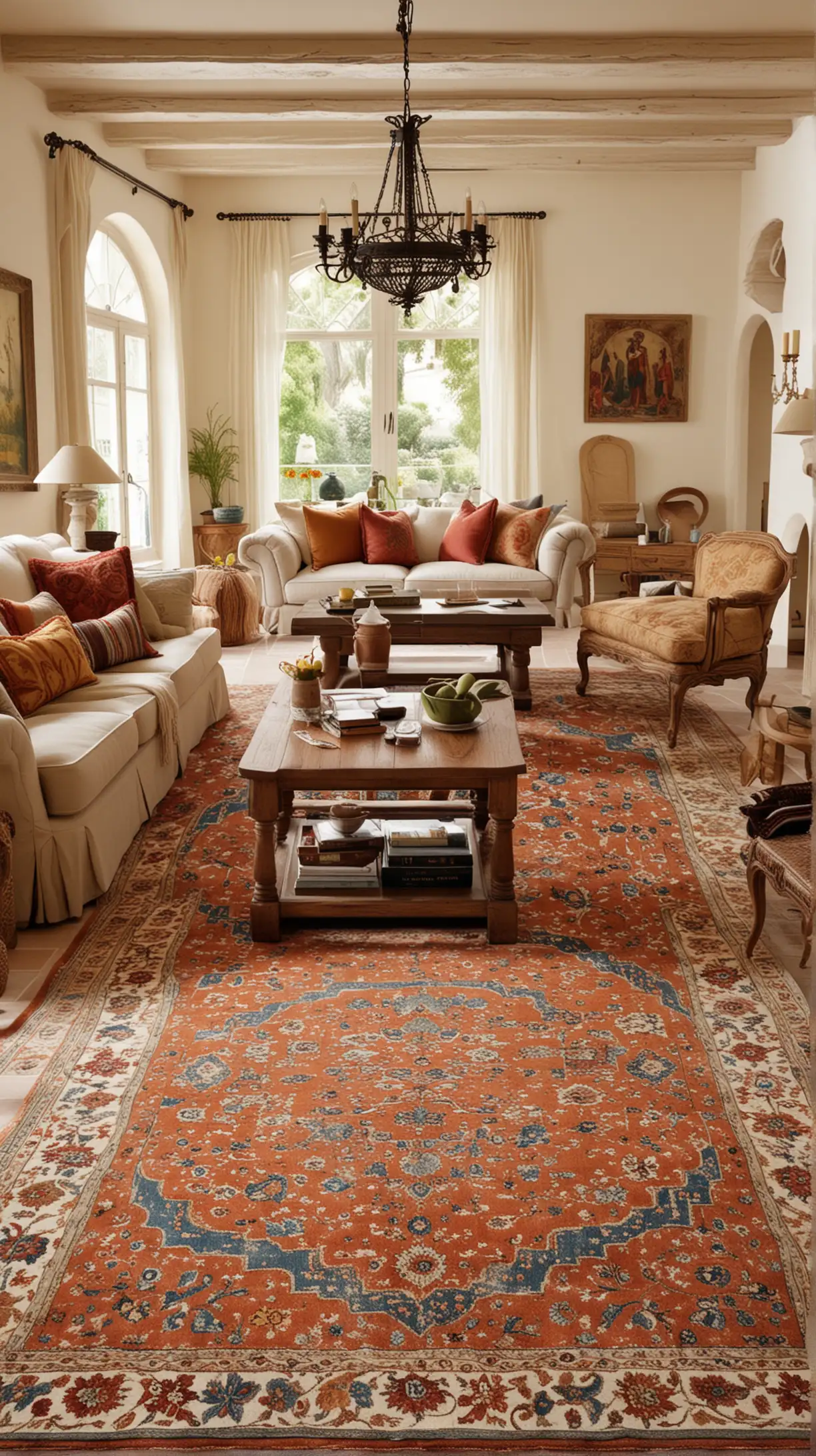 Elegant Mediterranean Living Room with Ornate Rugs Warmth and Colorful Patterns